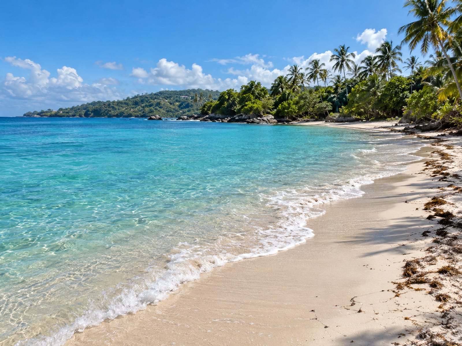 A curving tropical shoreline with turquoise water and palm trees