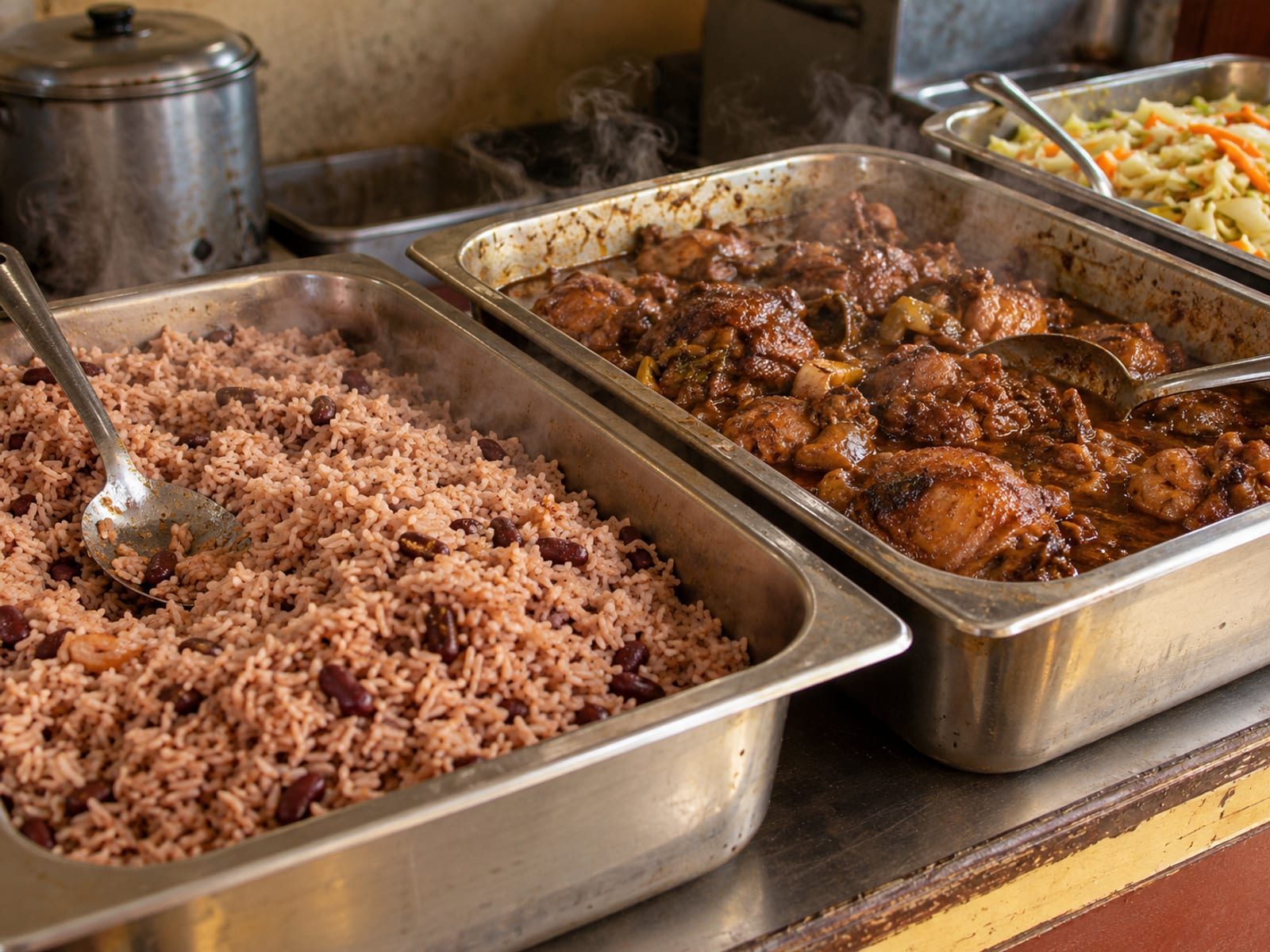 A counter of covered pans holding rice and peas and stewed chicken