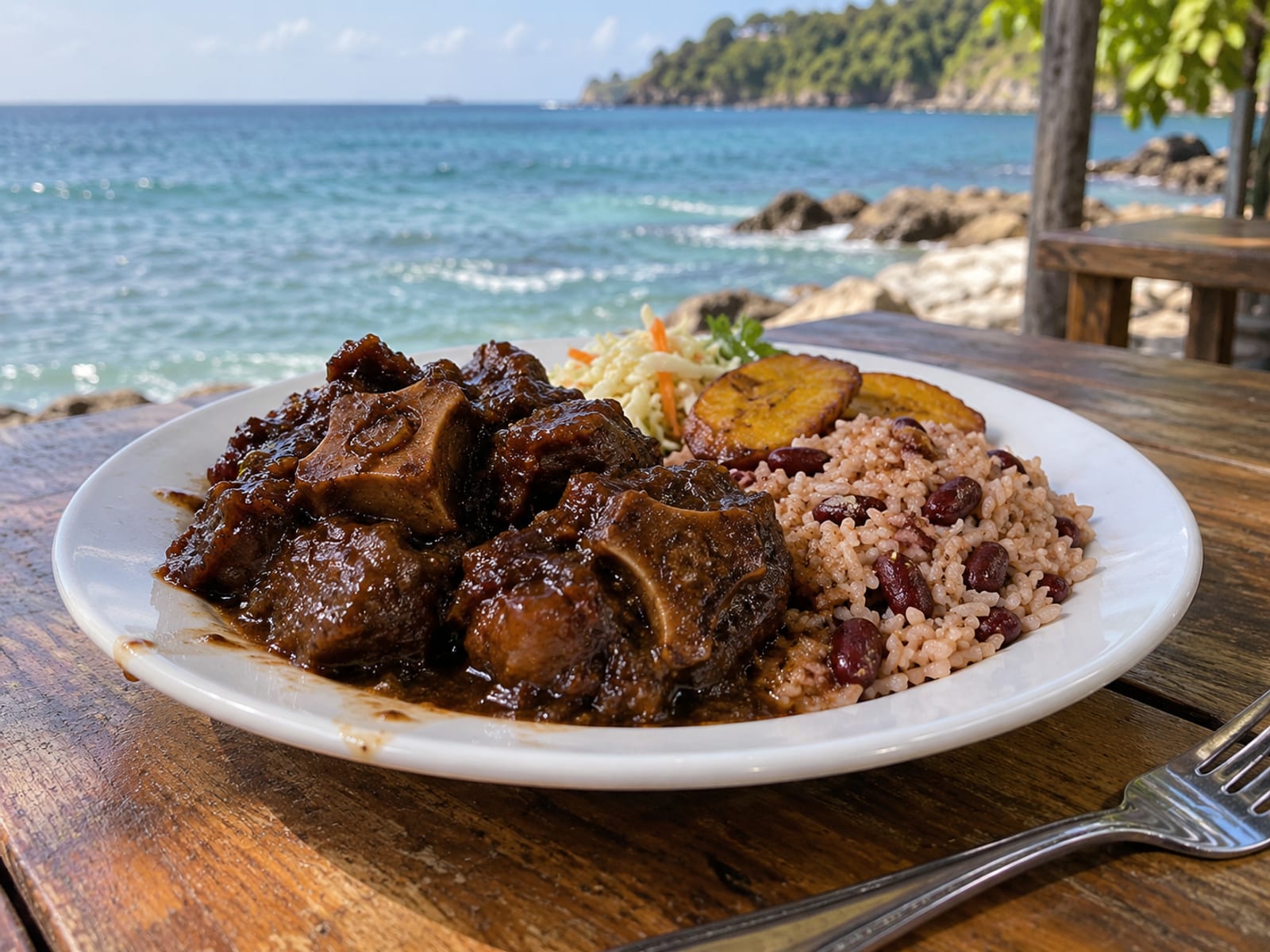 A plate of oxtail with rice and peas on a table beside a blurred sea view