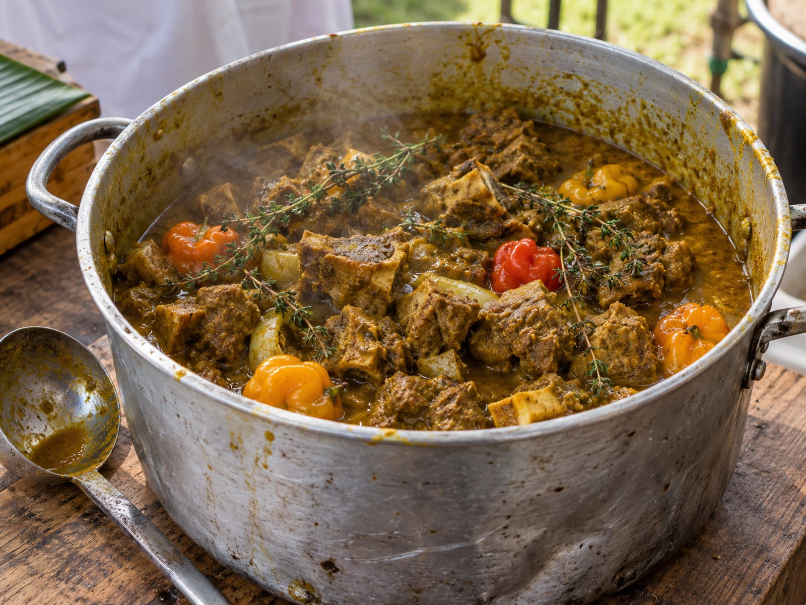 Large pot of curry goat with scotch bonnet peppers and herbs on a wooden table
