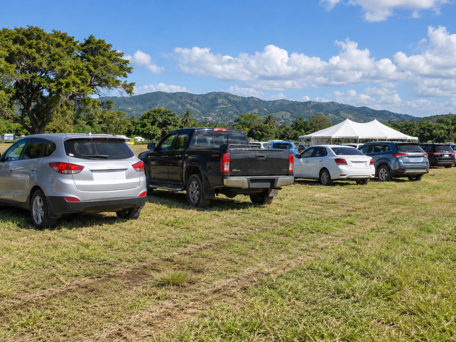 Pickup trucks and a minibus parked on a green field beside a festival tent