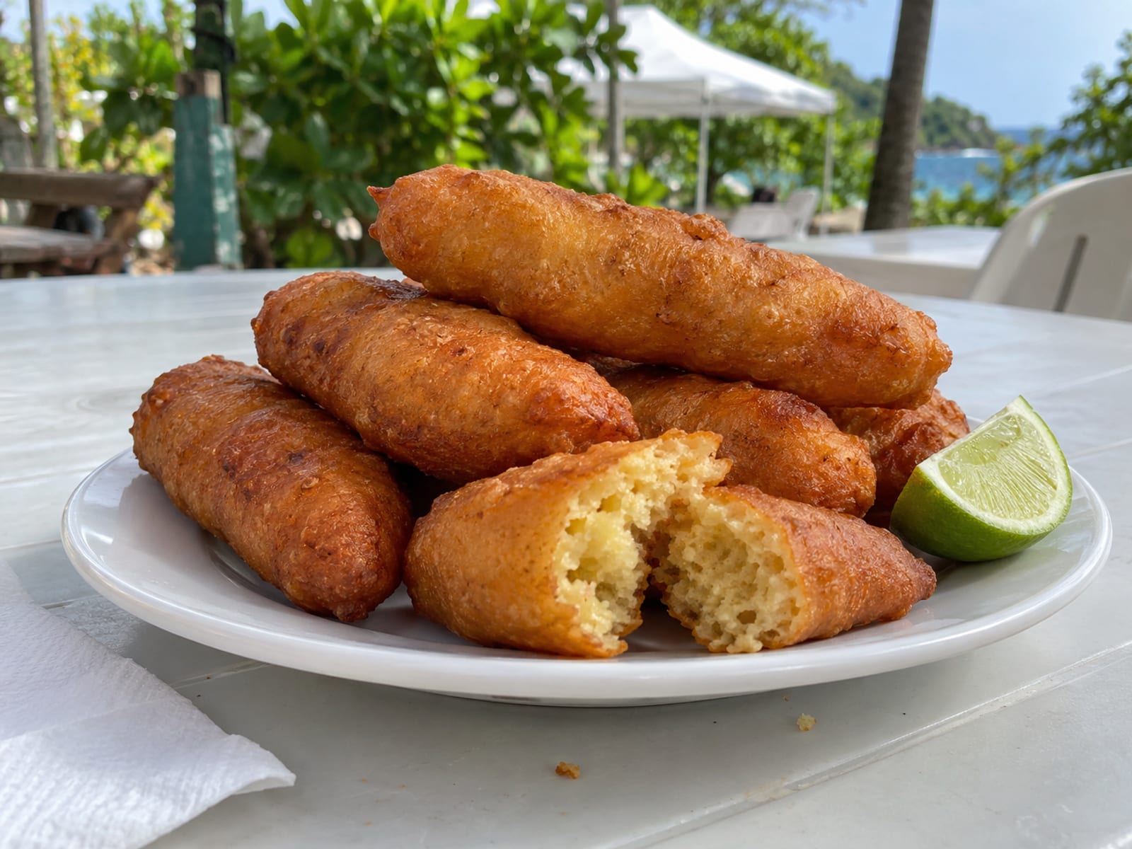 Golden fried festival dumplings stacked on a plate beside a lime wedge