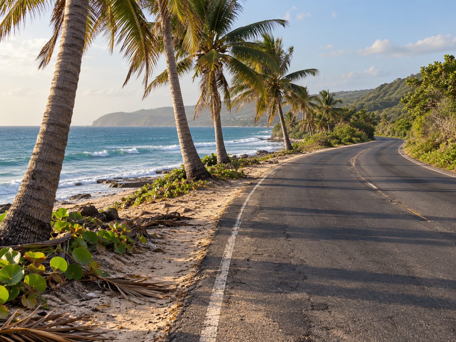 A coastal road lined with palm trees running beside the sea in late light