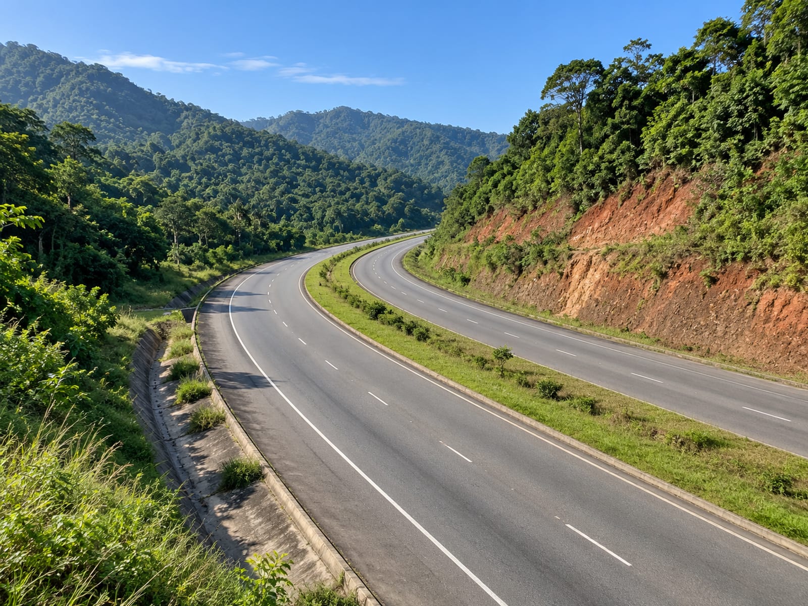 A highway curving through green hills under a clear sky