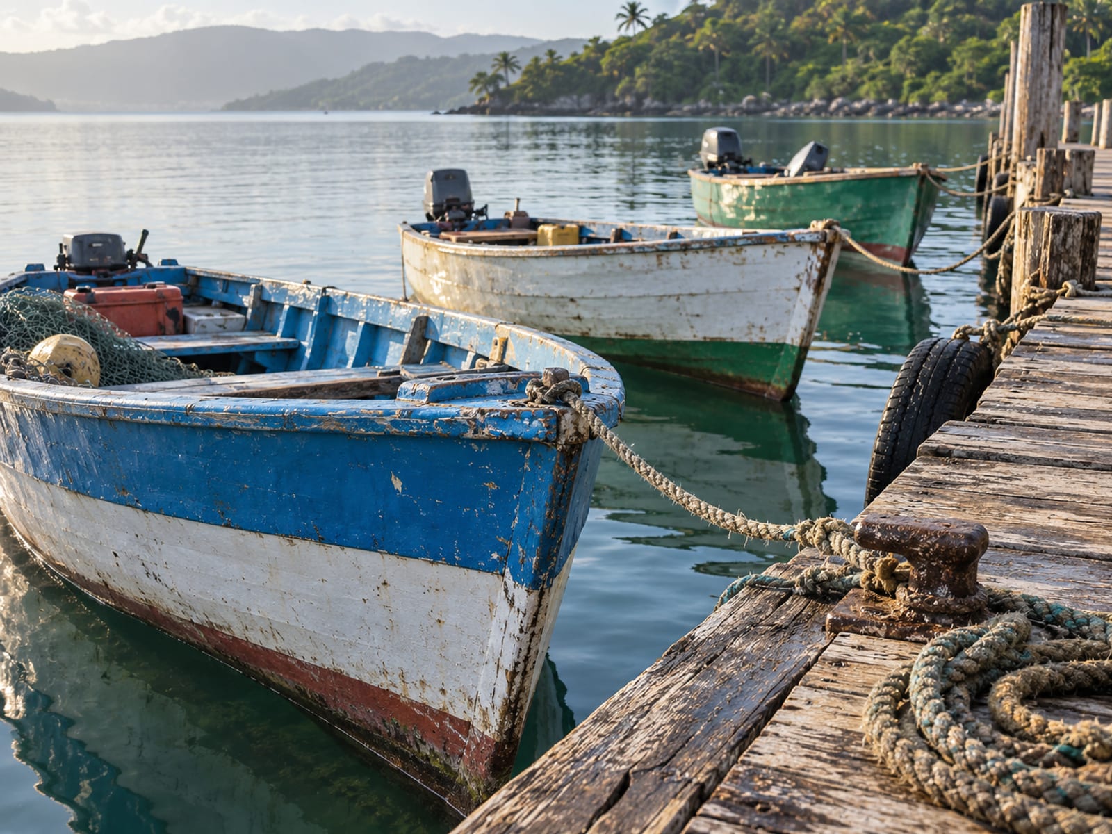 Fishing boats resting beside a wooden wharf on calm harbour water