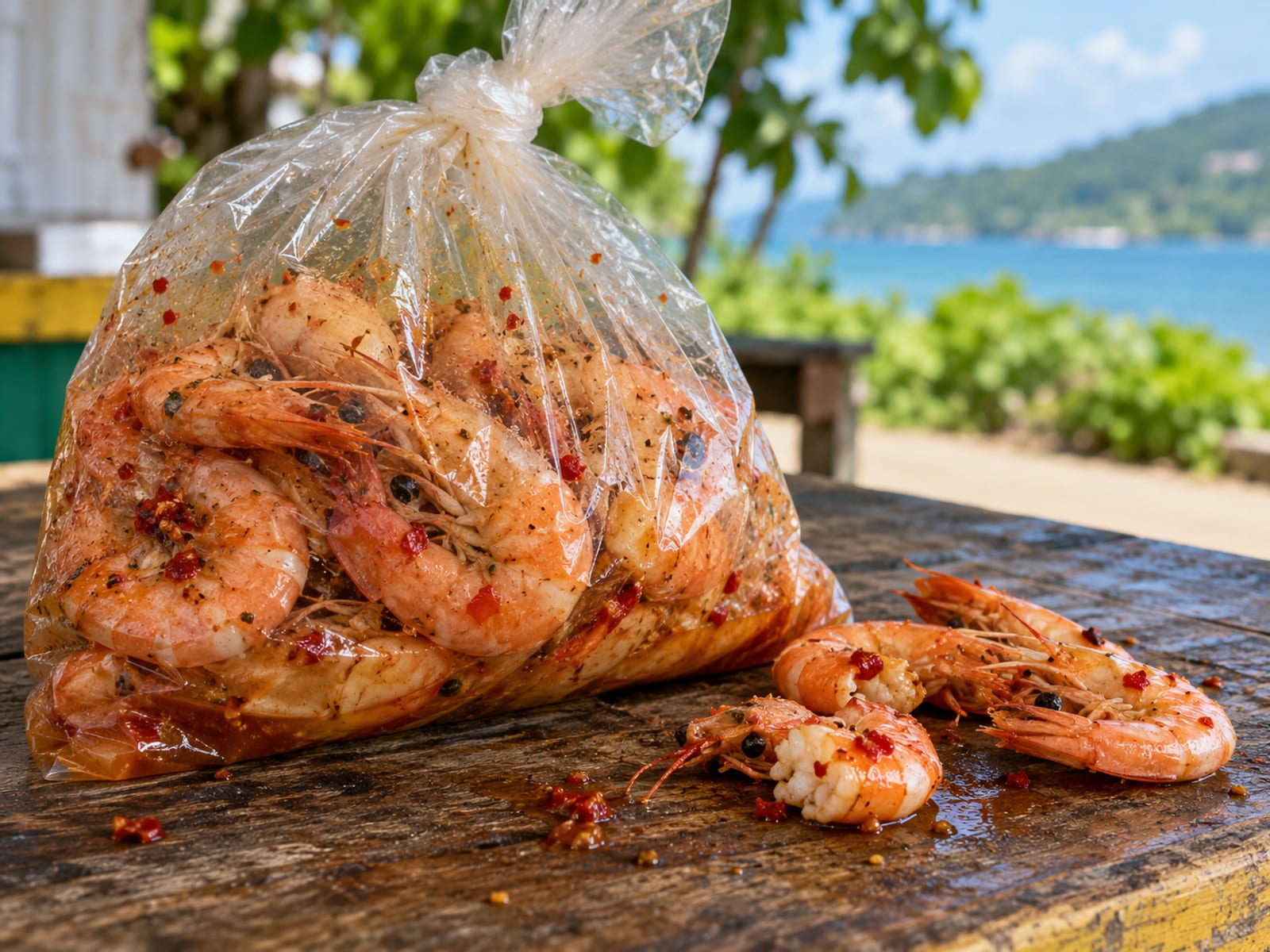A paper bag of peppery boiled shrimp on a wooden counter