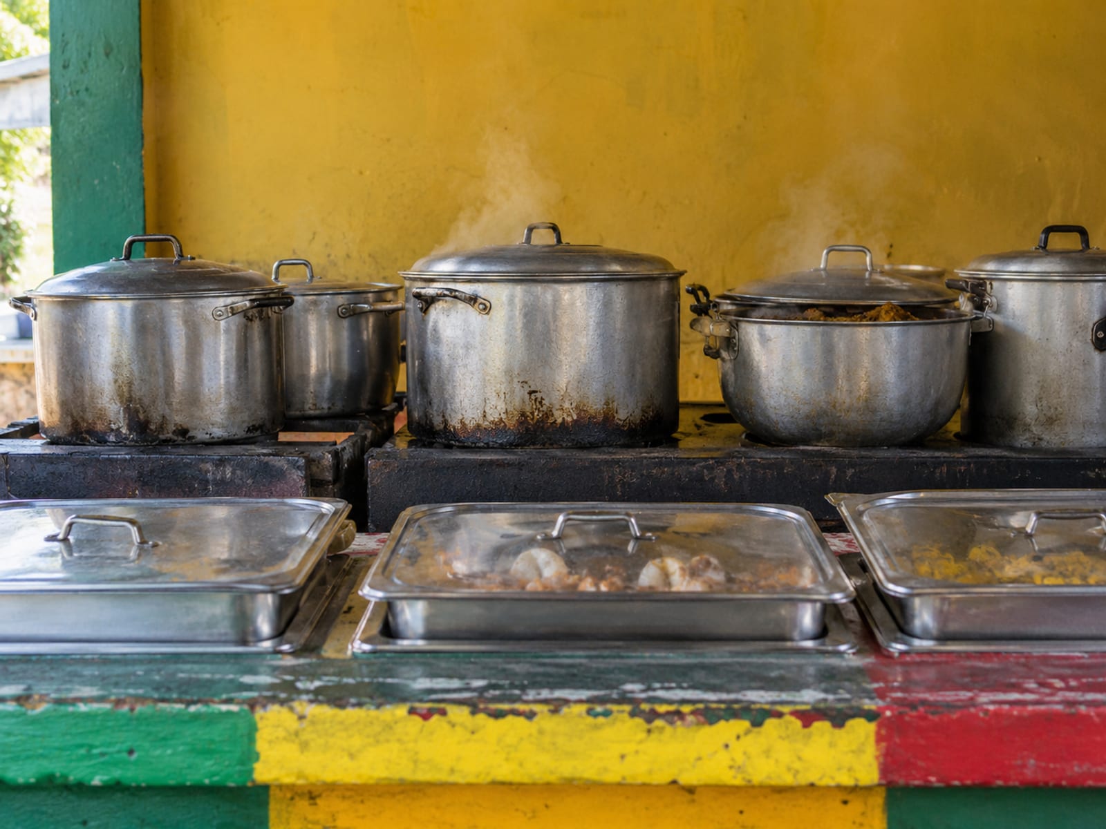 Open-air counter with metal pots of cooked food and covered trays in morning light