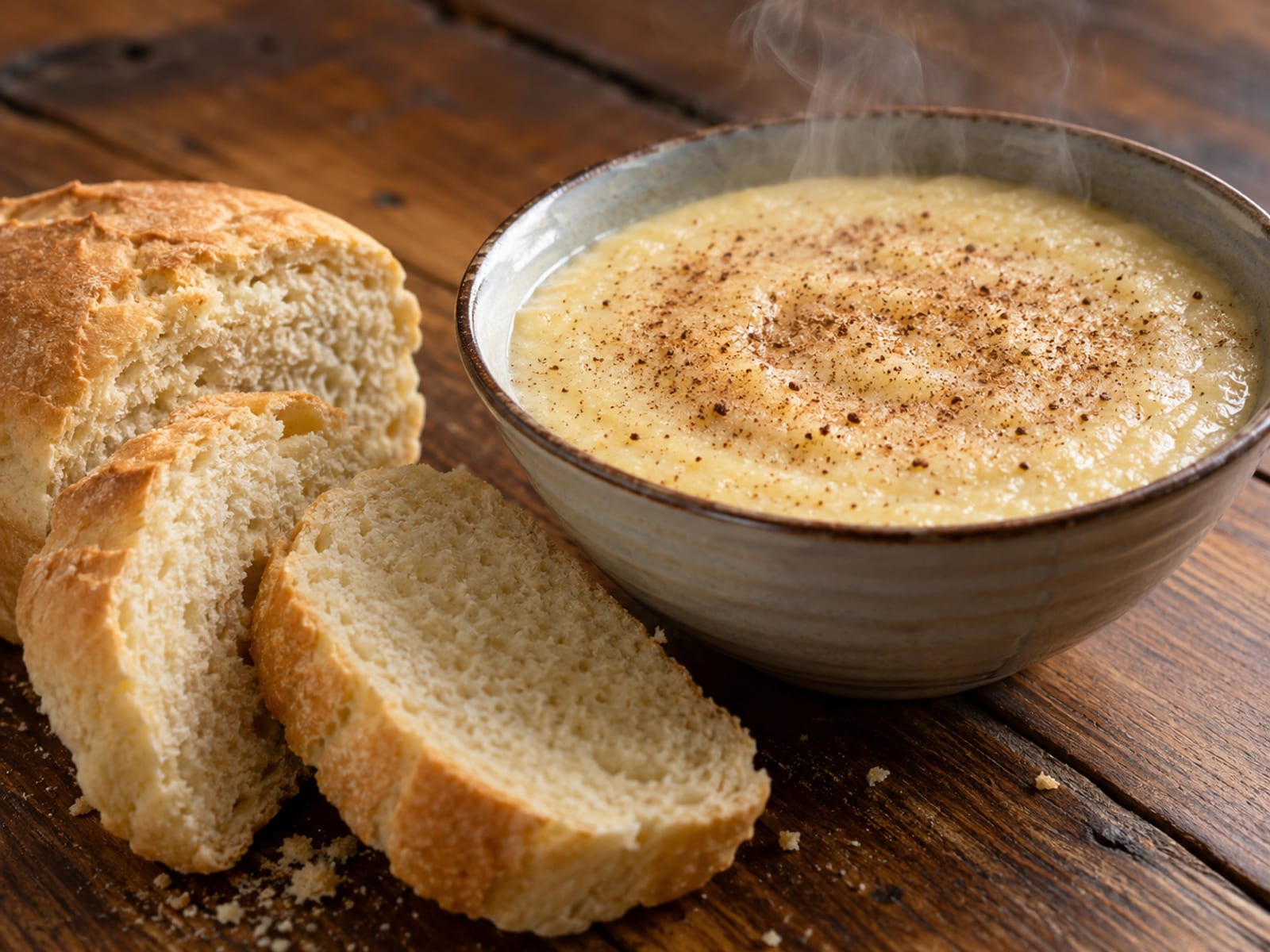 Steaming bowl of creamy cornmeal porridge dusted with nutmeg beside sliced bread