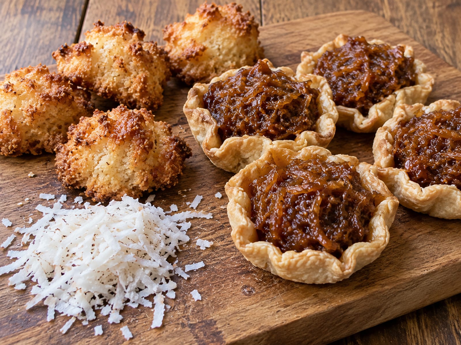 Coconut drops and gizzada pastries on a wooden board with grated coconut