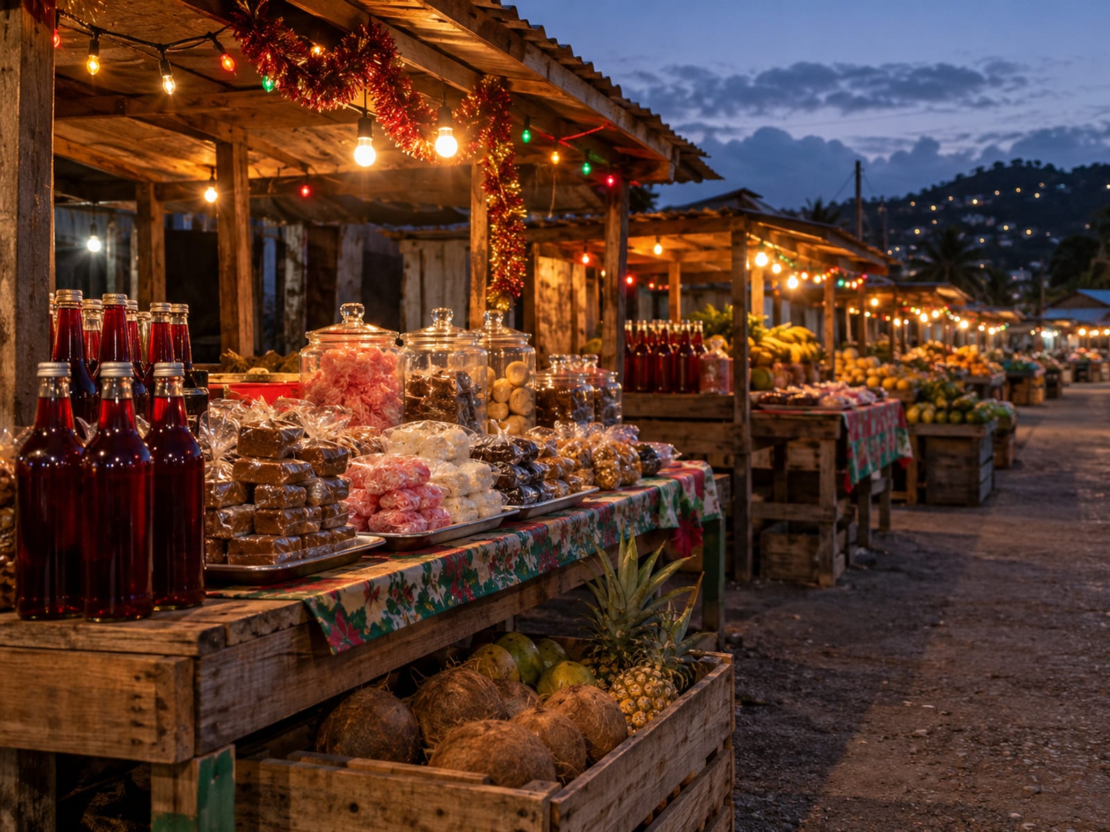 Empty wooden market stalls at dusk strung with festive lights and stocked with sweets and bottles of sorrel
