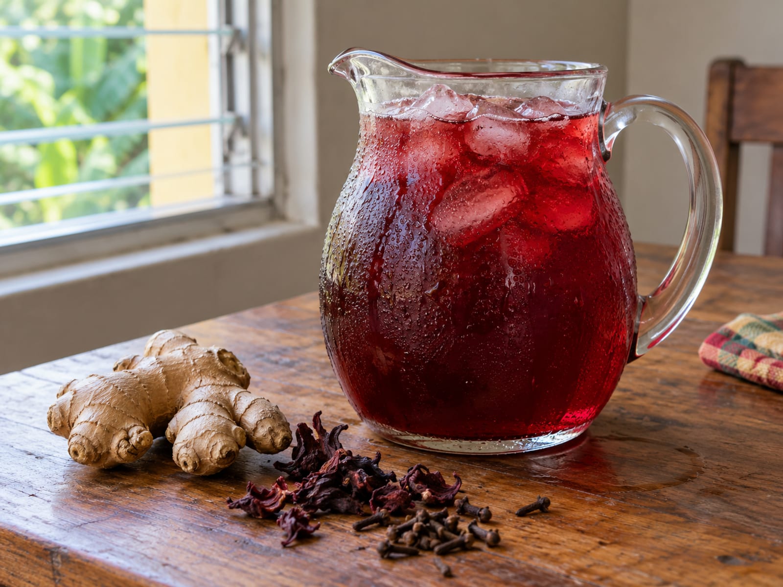 Deep-red sorrel in a glass jug with ice, ginger root and cloves beside it