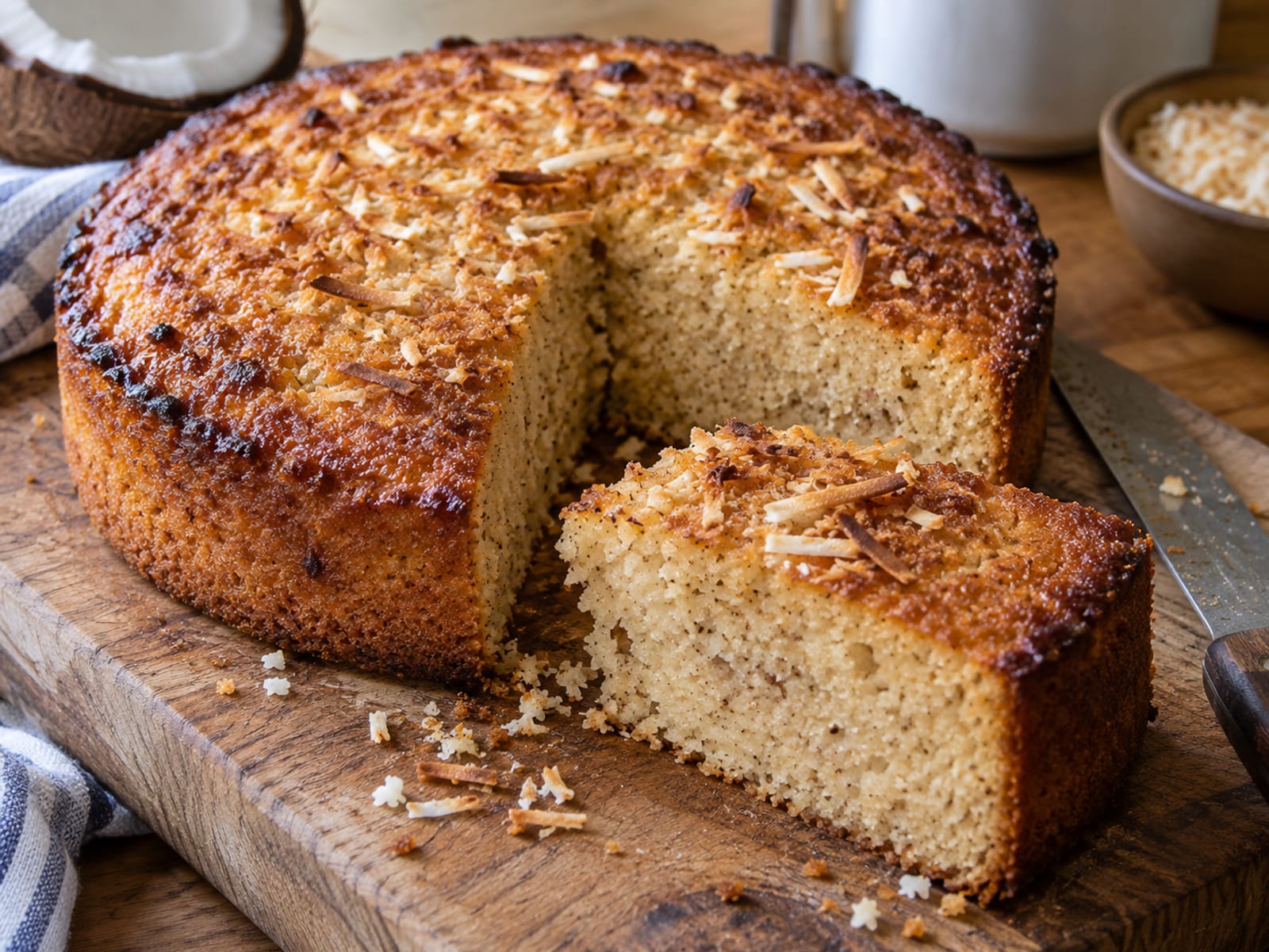 A round coconut toto cake with a slice cut out on a wooden board