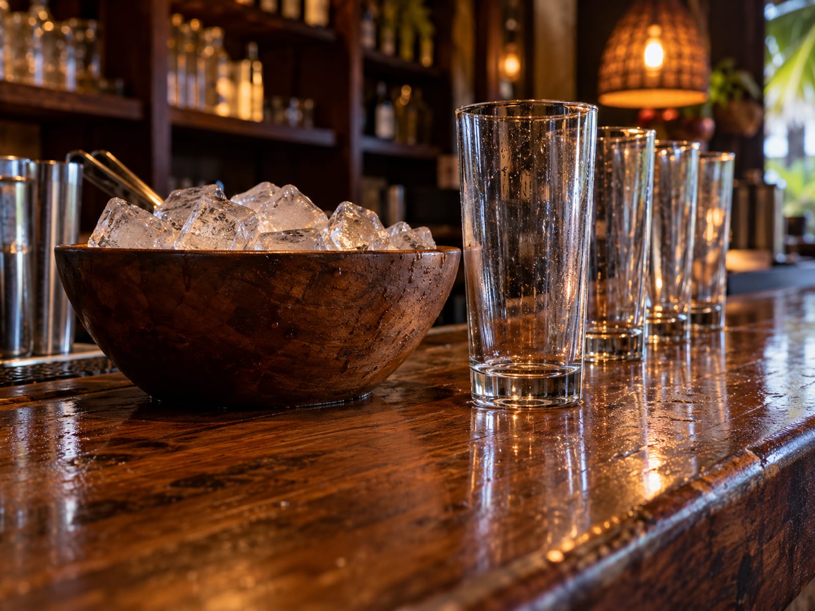 Empty tall glasses and a bowl of ice on a polished wooden bar counter