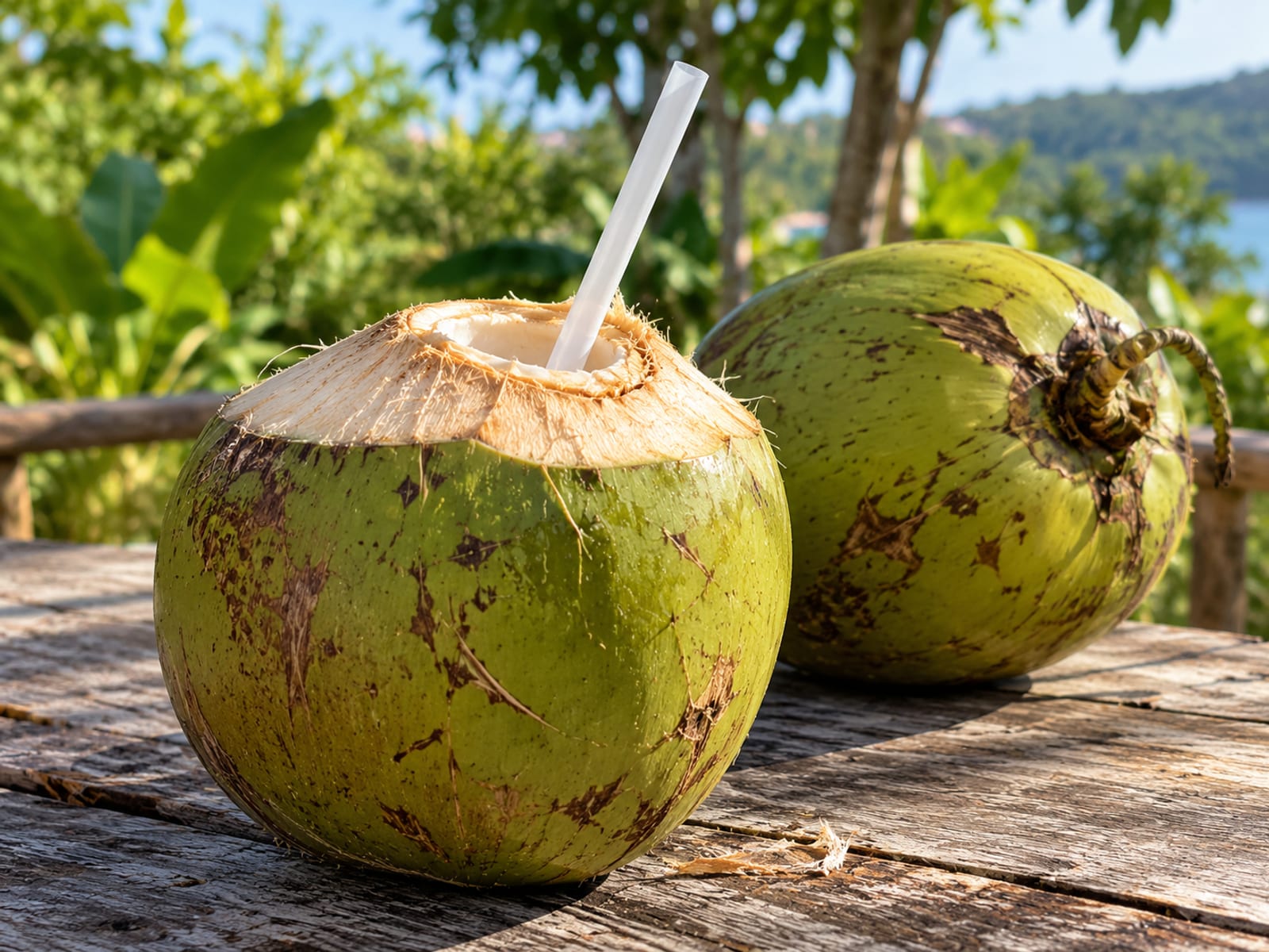 Green coconuts with a straw in one, resting on a wooden table in sunlight
