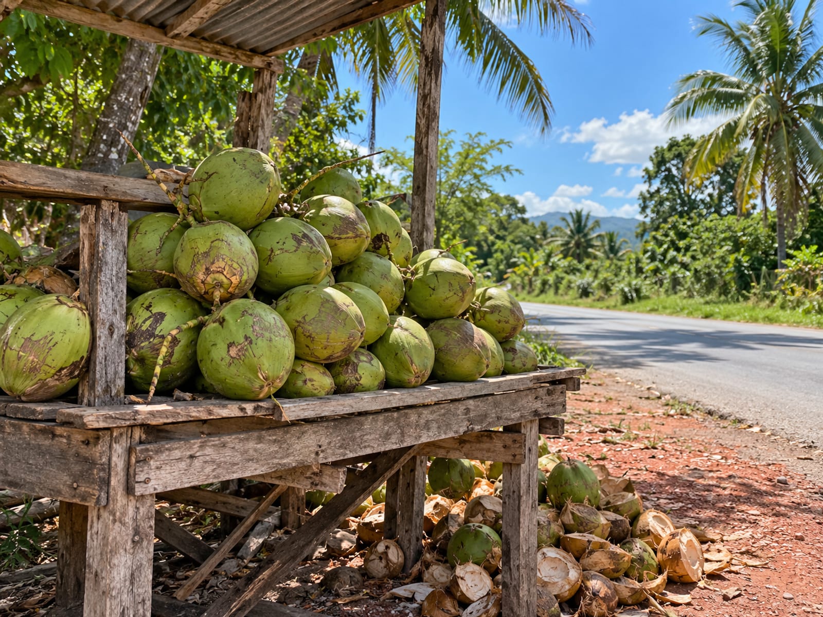 A pile of green coconuts on an empty wooden roadside stall in bright daylight