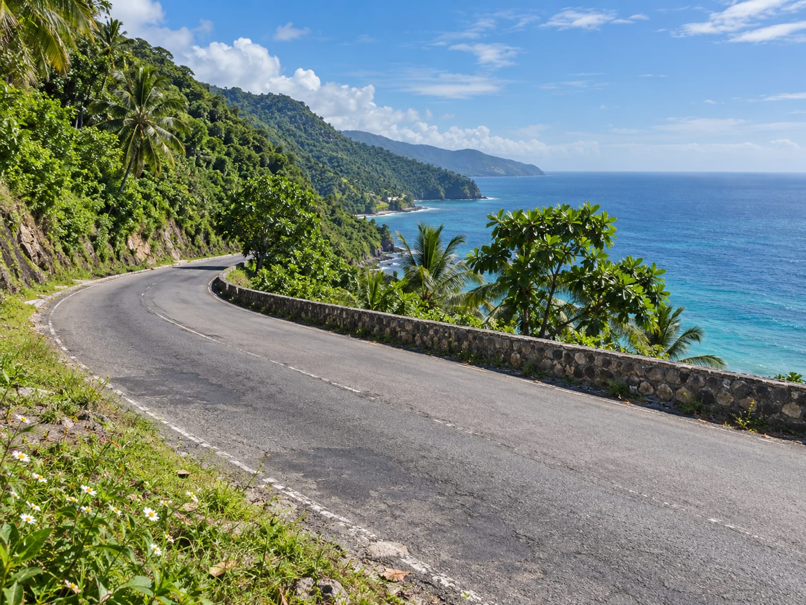 A coastal road curving past green hills under a bright sky