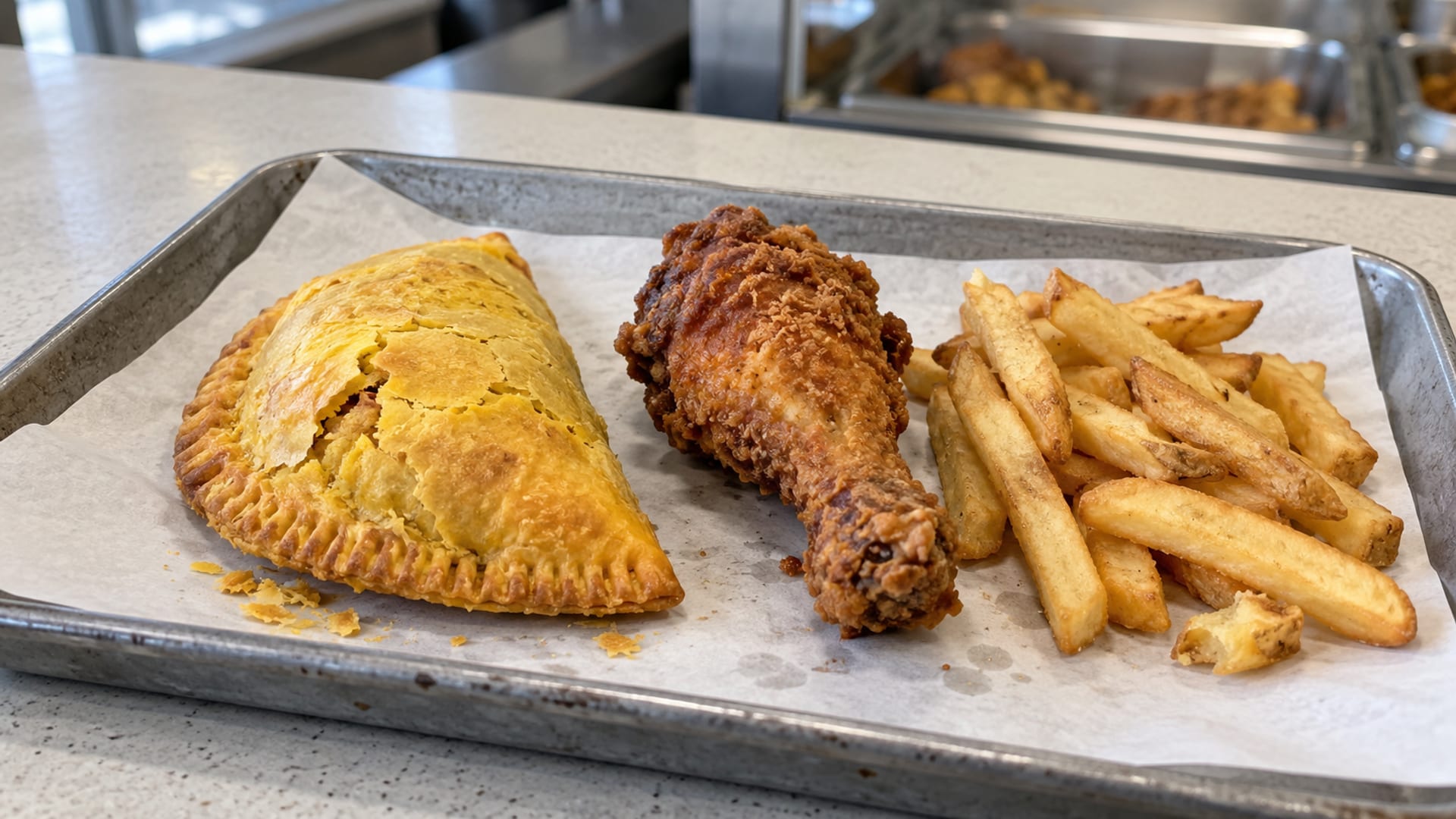 A golden patty, a fried chicken piece and fries side by side on a paper-lined tray