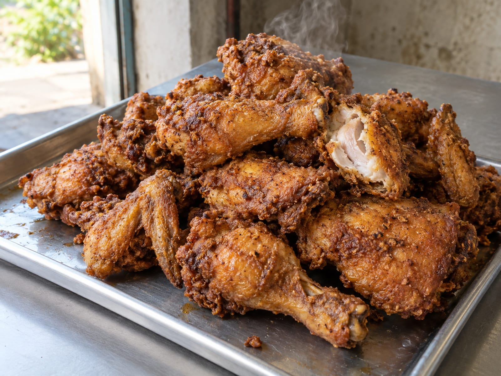 A bucket-style pile of fried chicken pieces on a plain tray