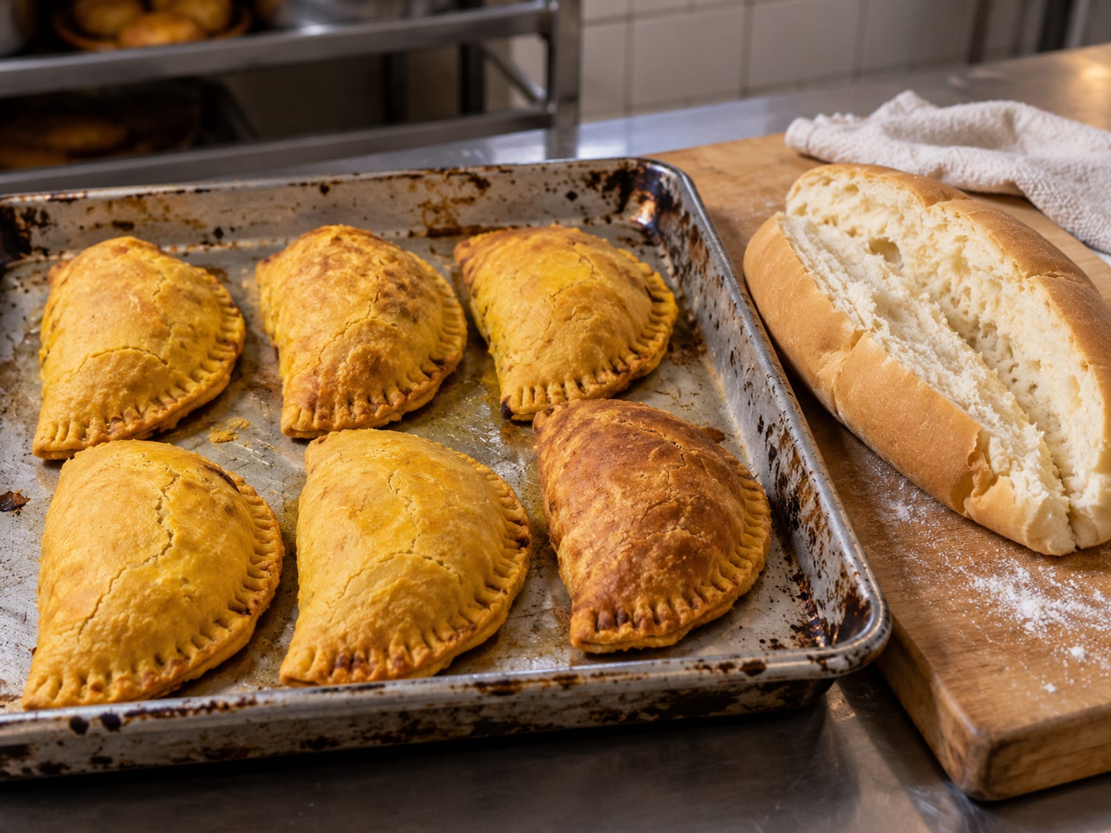 A tray of golden baked patties beside a split coco bread