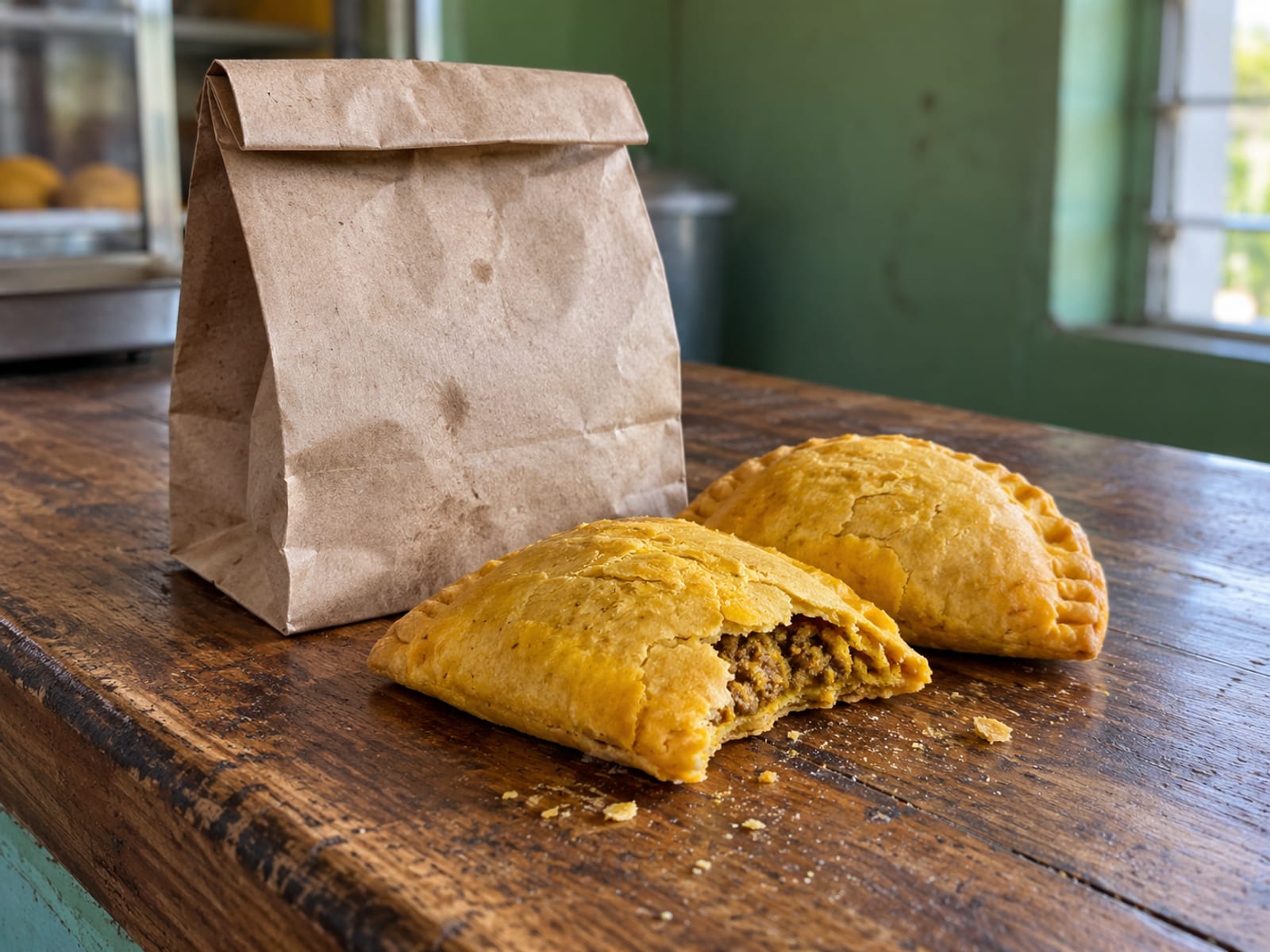 A plain paper bag with two golden patties beside it on a counter