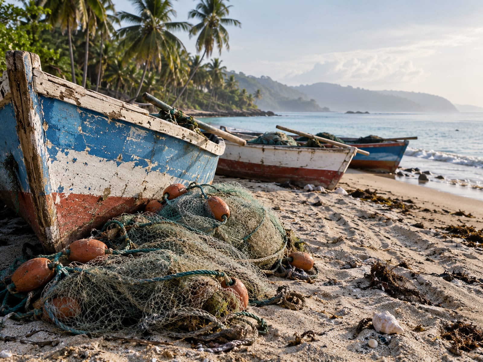 Colourful wooden fishing boats pulled up on a Jamaican beach at low tide
