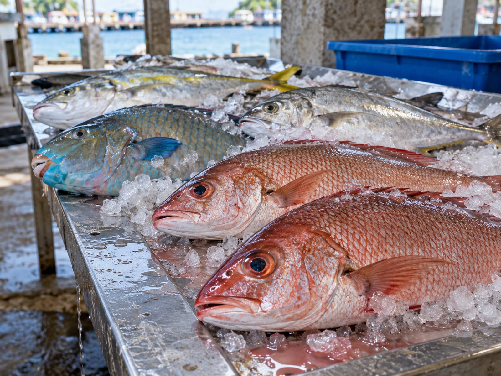 Whole red snapper and other reef fish laid on crushed ice at a market table