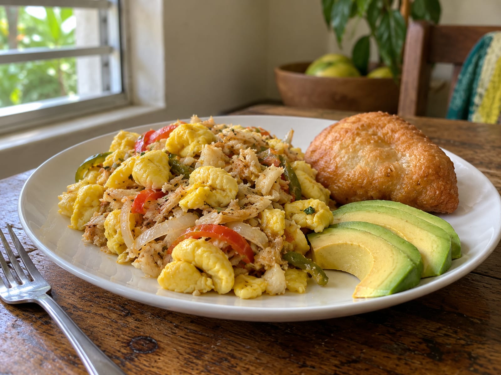 A plate of ackee and saltfish with fried dumpling and sliced avocado on a wooden table