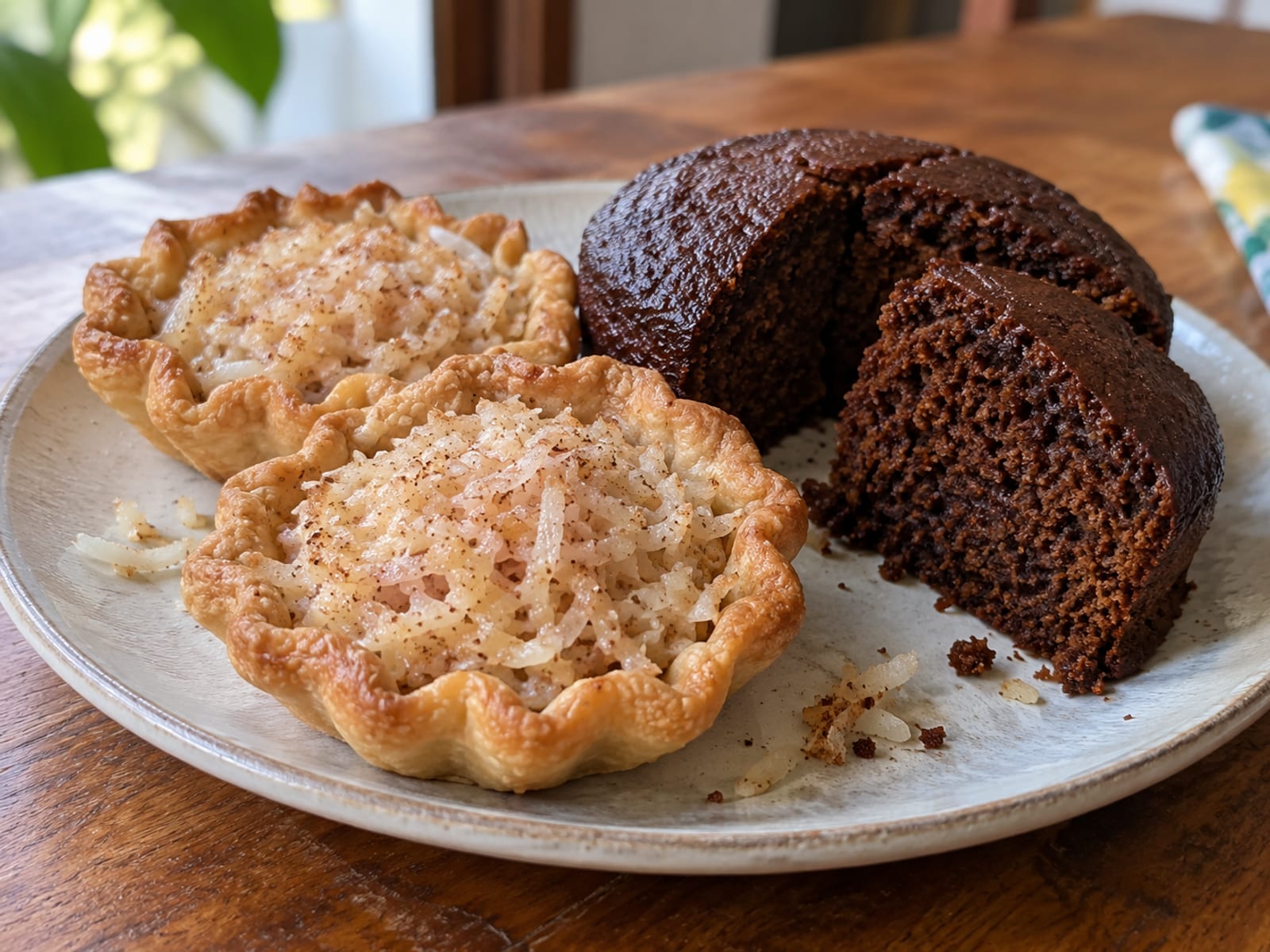 Coconut tarts and a sliced spiced cake on a plain plate in soft daylight