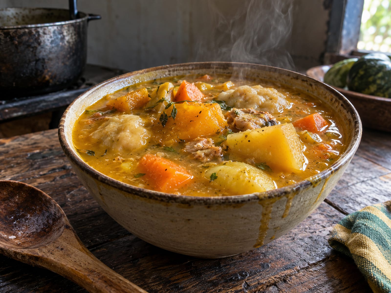 A steaming bowl of Jamaican soup with root vegetables and dumplings on a rustic table