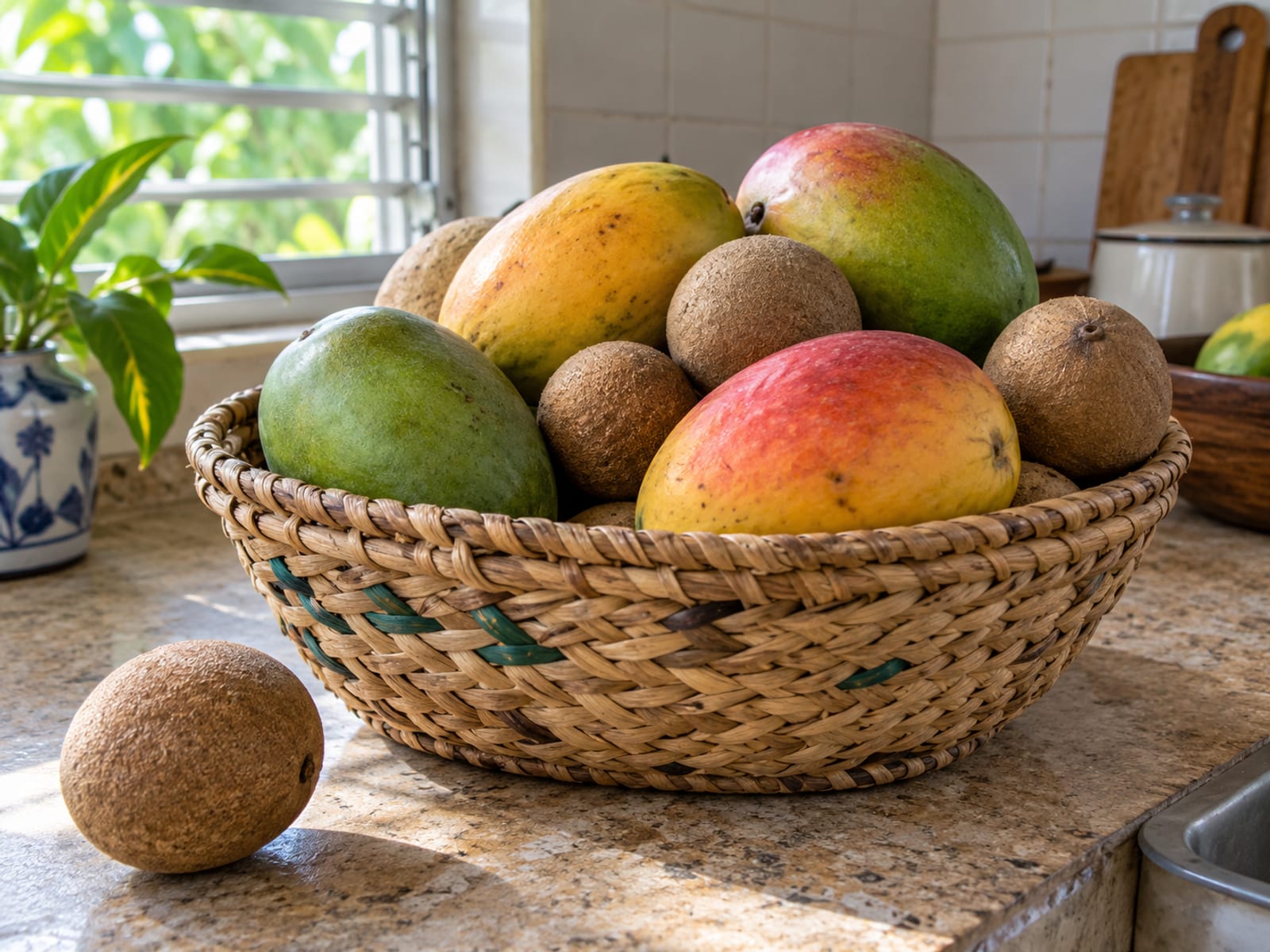 A woven basket of firm and ripening mangoes and naseberries on a kitchen counter