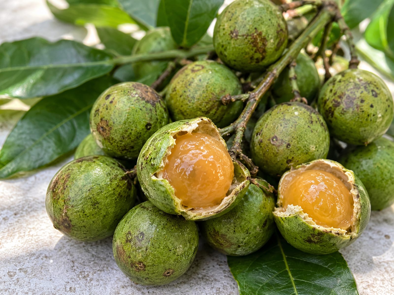 A bunch of small green guinep fruit on a wooden table with a few split open