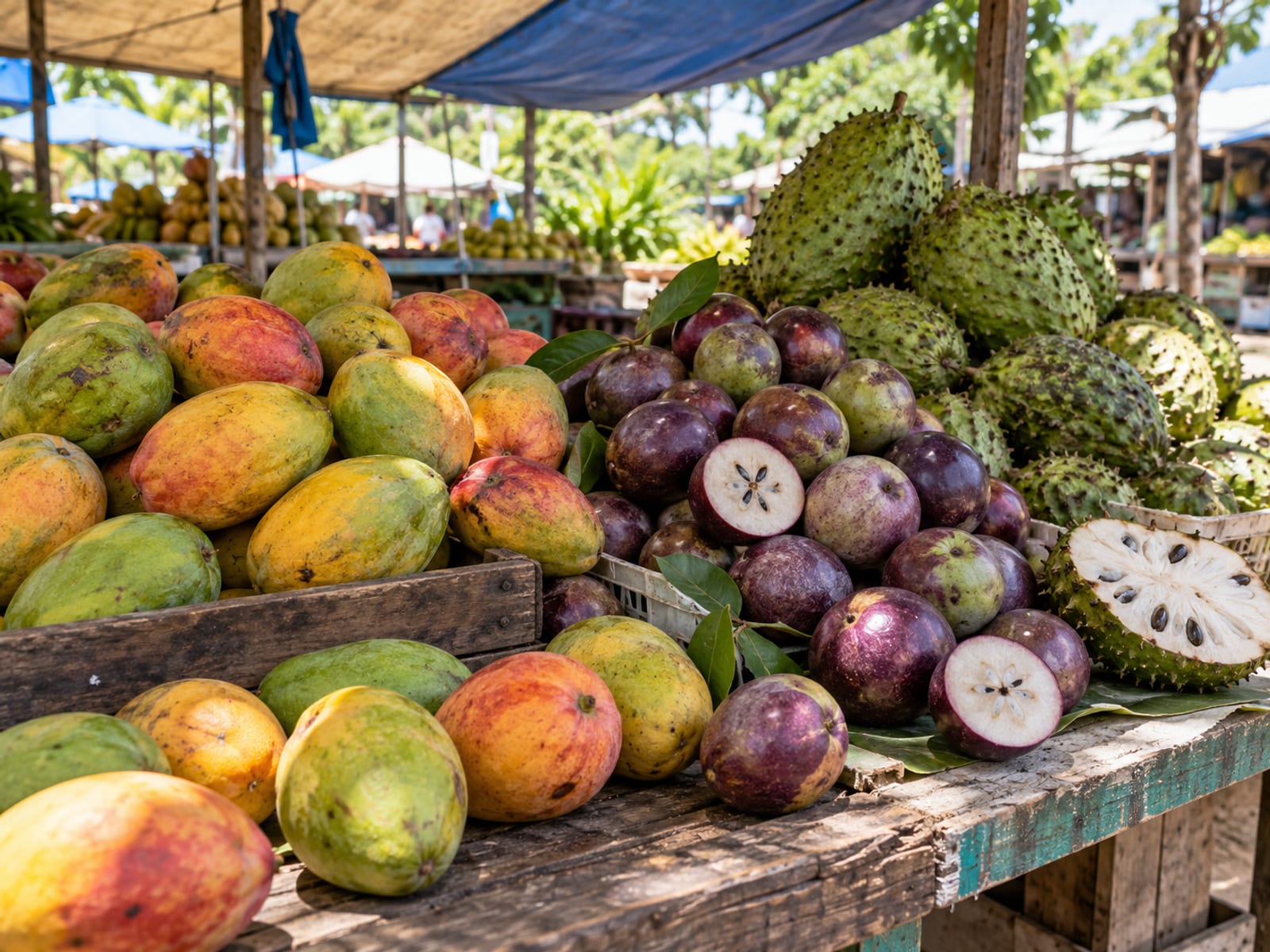 A market table piled with mangoes, star apples and other tropical fruit