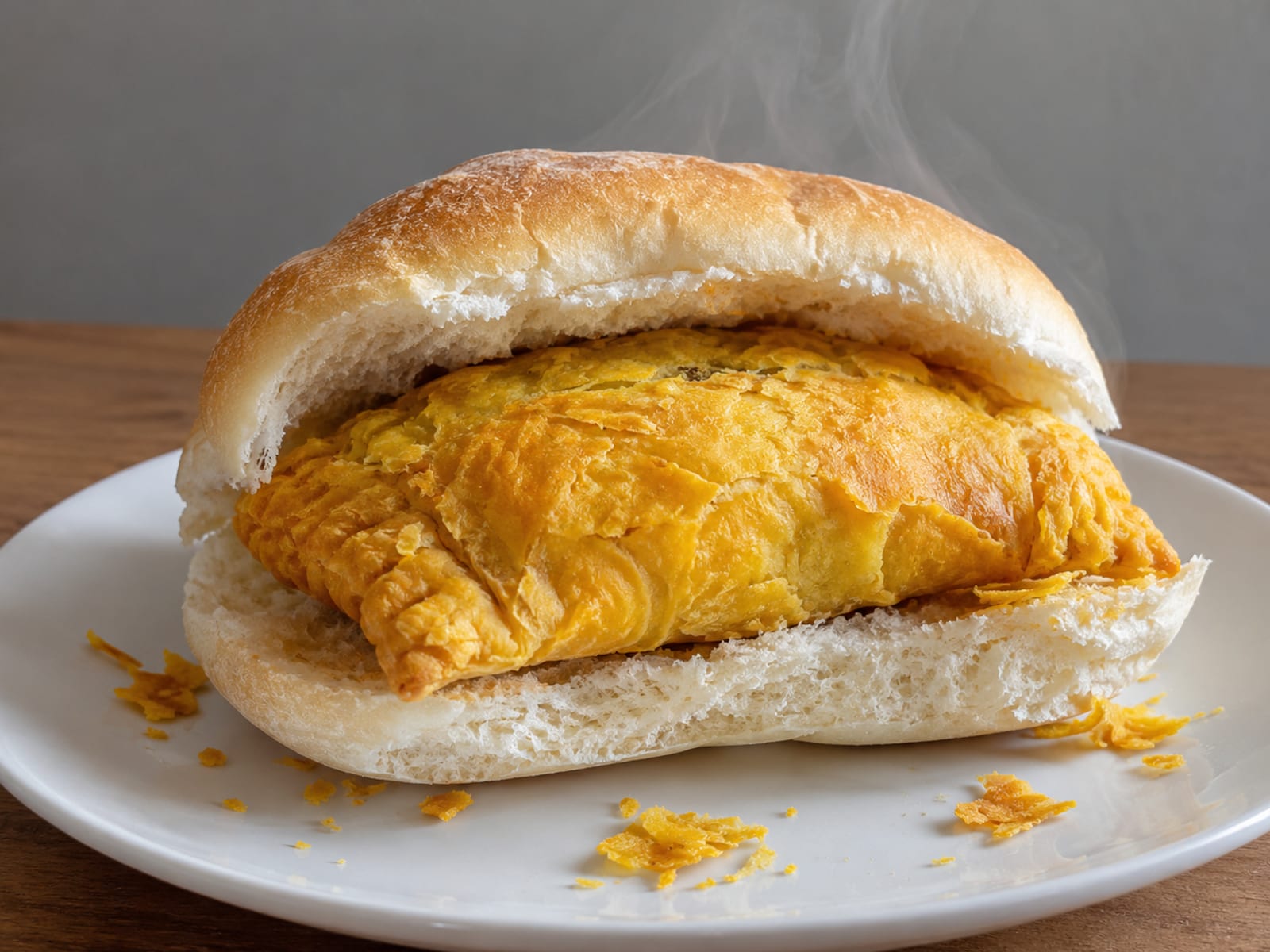 A split coco bread roll with a hot golden patty tucked inside on a plain white plate