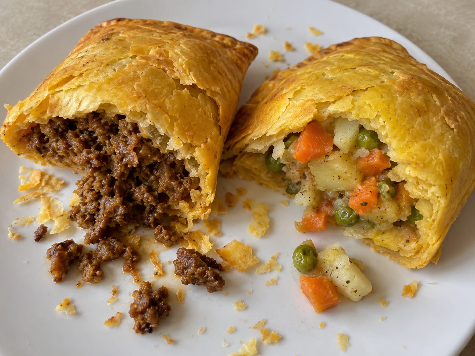 Two golden patties broken open to show a seasoned beef filling and a vegetable filling on a plain plate