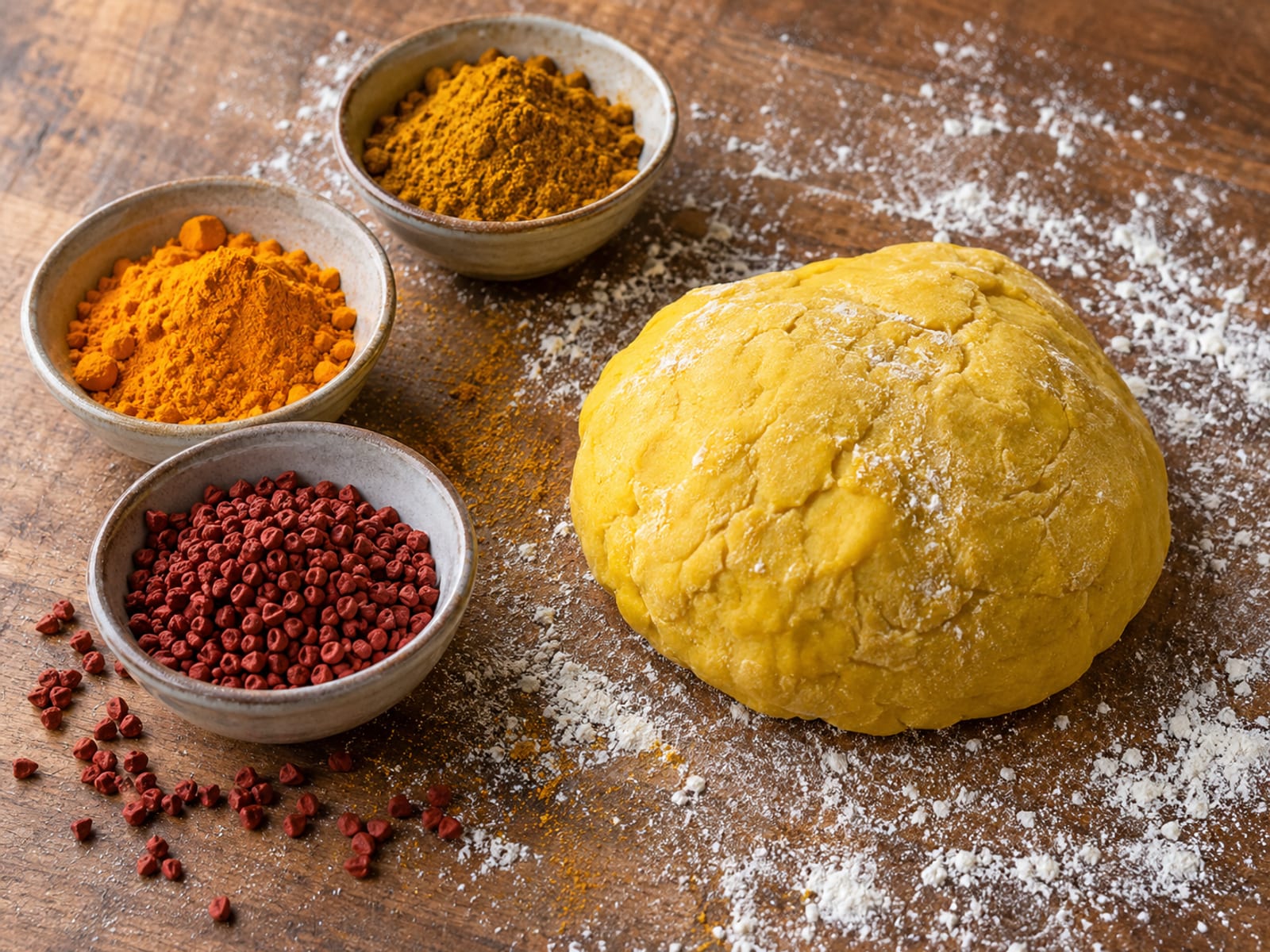 Small bowls of turmeric, curry powder and annatto seeds beside a ball of yellow pastry dough