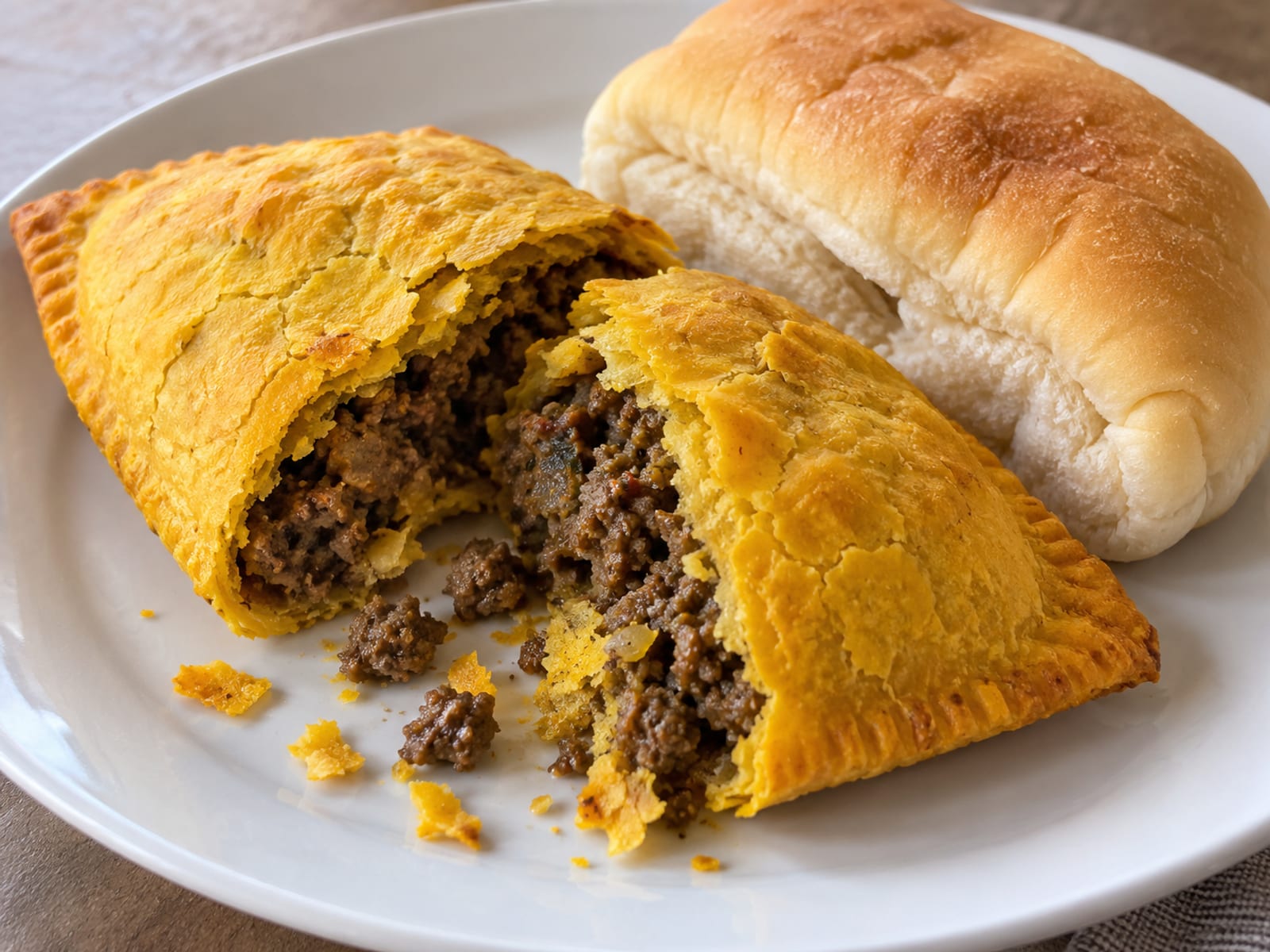 A patty split open with a spicy beef filling beside a soft coco bread on a plain plate