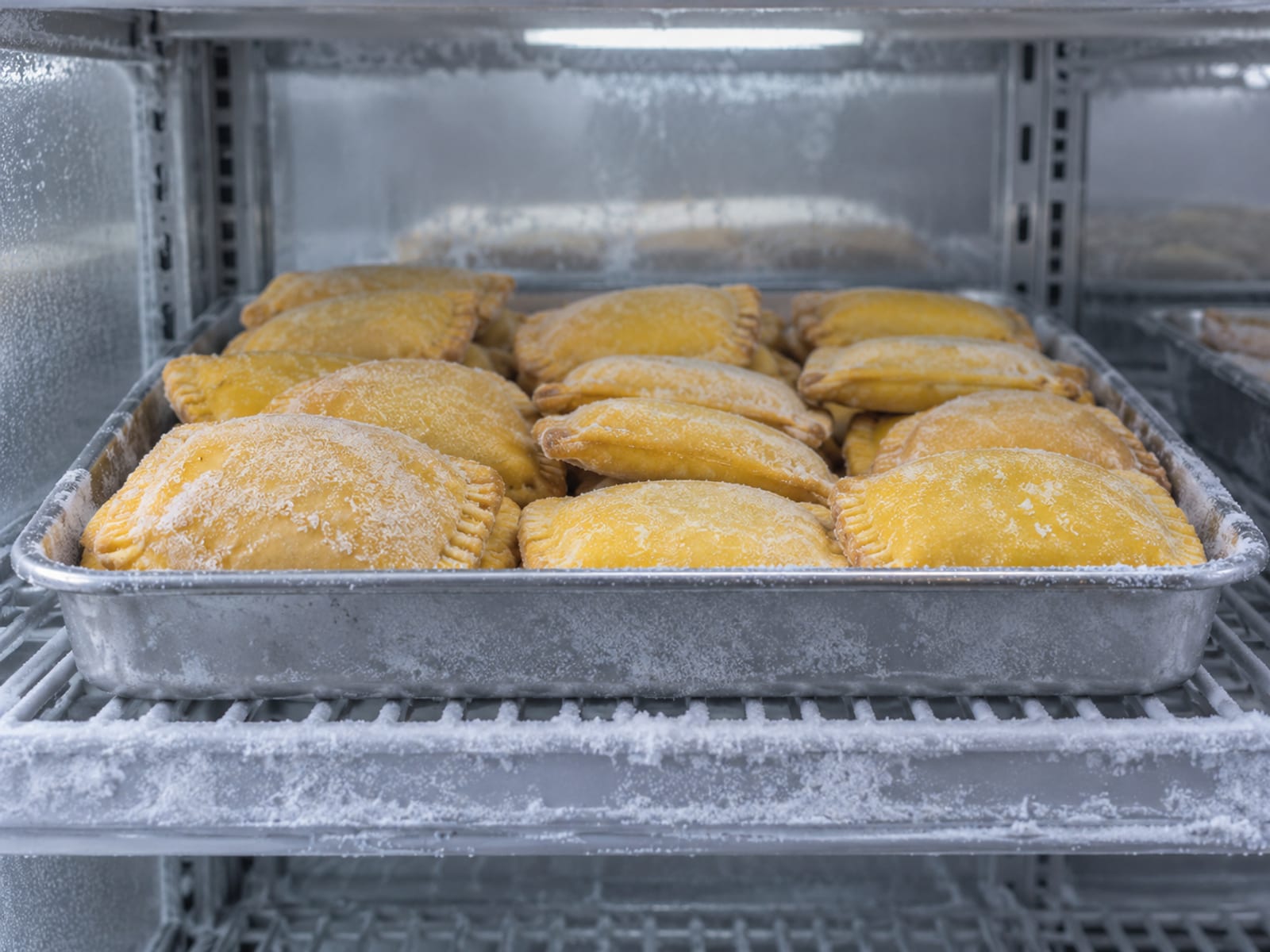 A plain tray of frozen golden patties on a bare supermarket freezer shelf