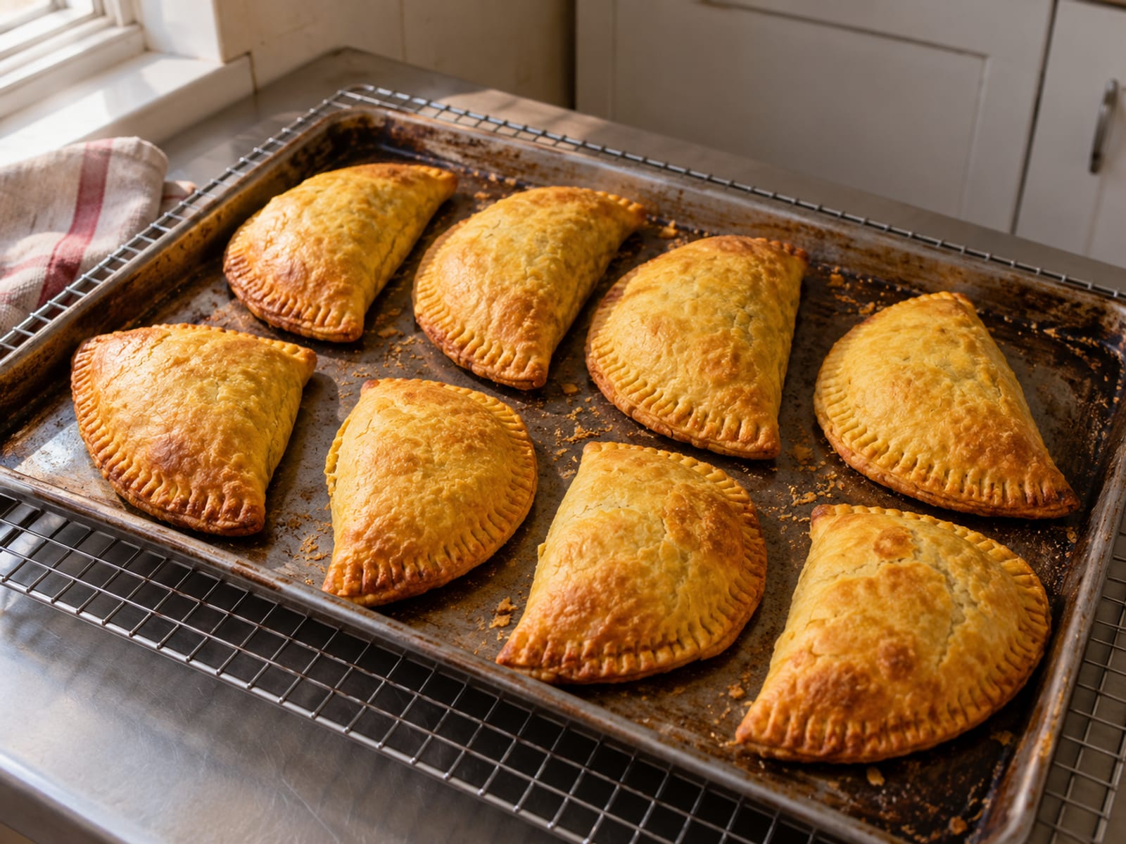 A baking tray of golden folded Jamaican patties cooling on a metal rack in a plain kitchen