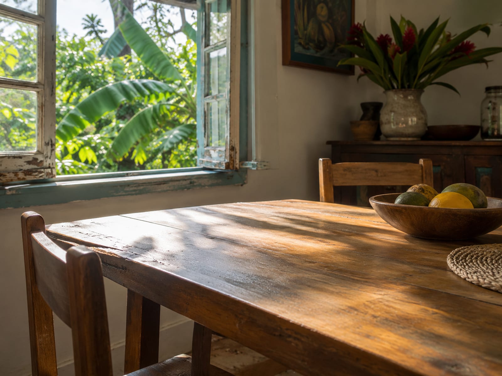 Early morning sunlight falling across an empty wooden breakfast table by a window