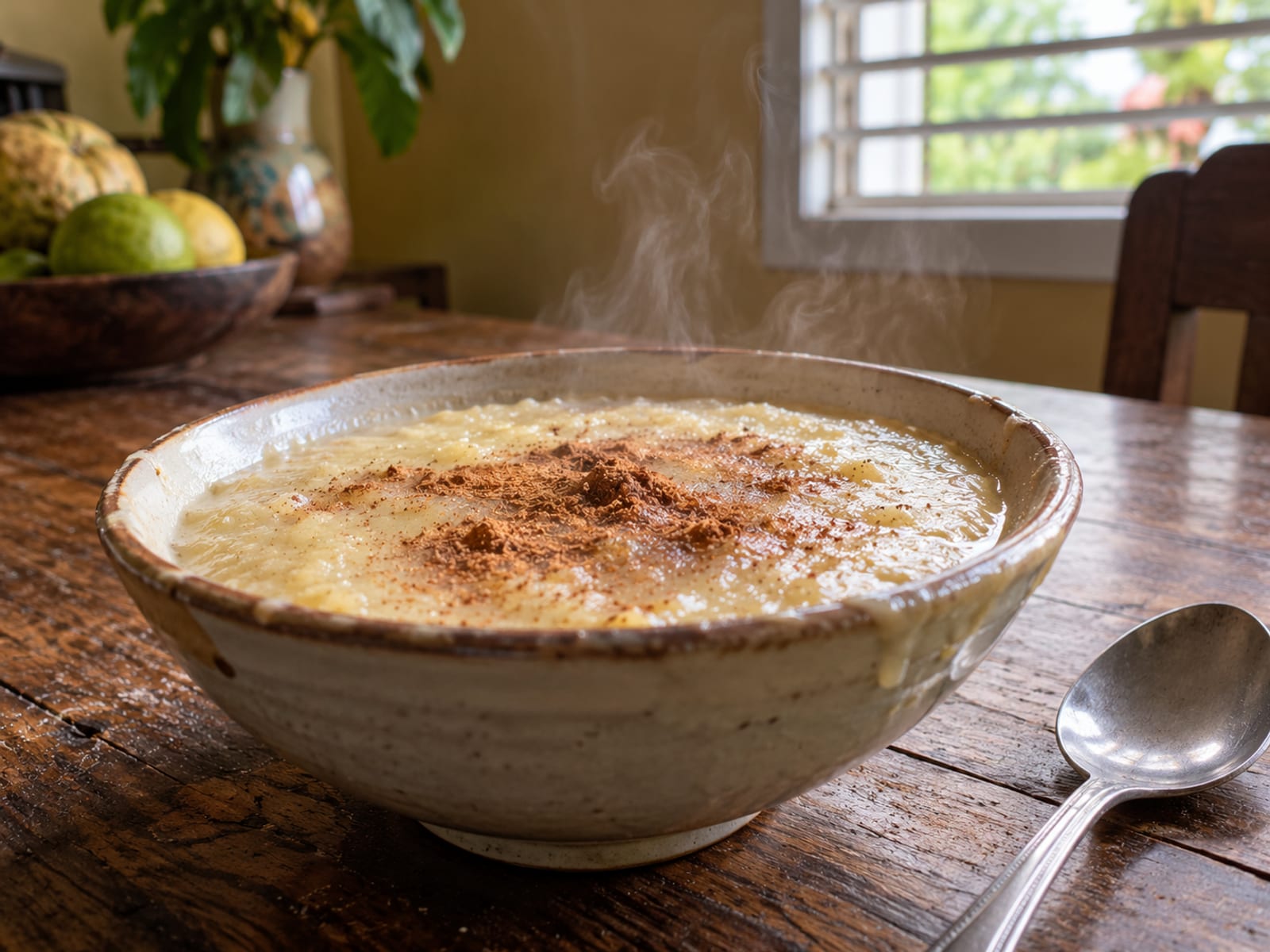 A steaming bowl of creamy porridge dusted with cinnamon on a wooden table