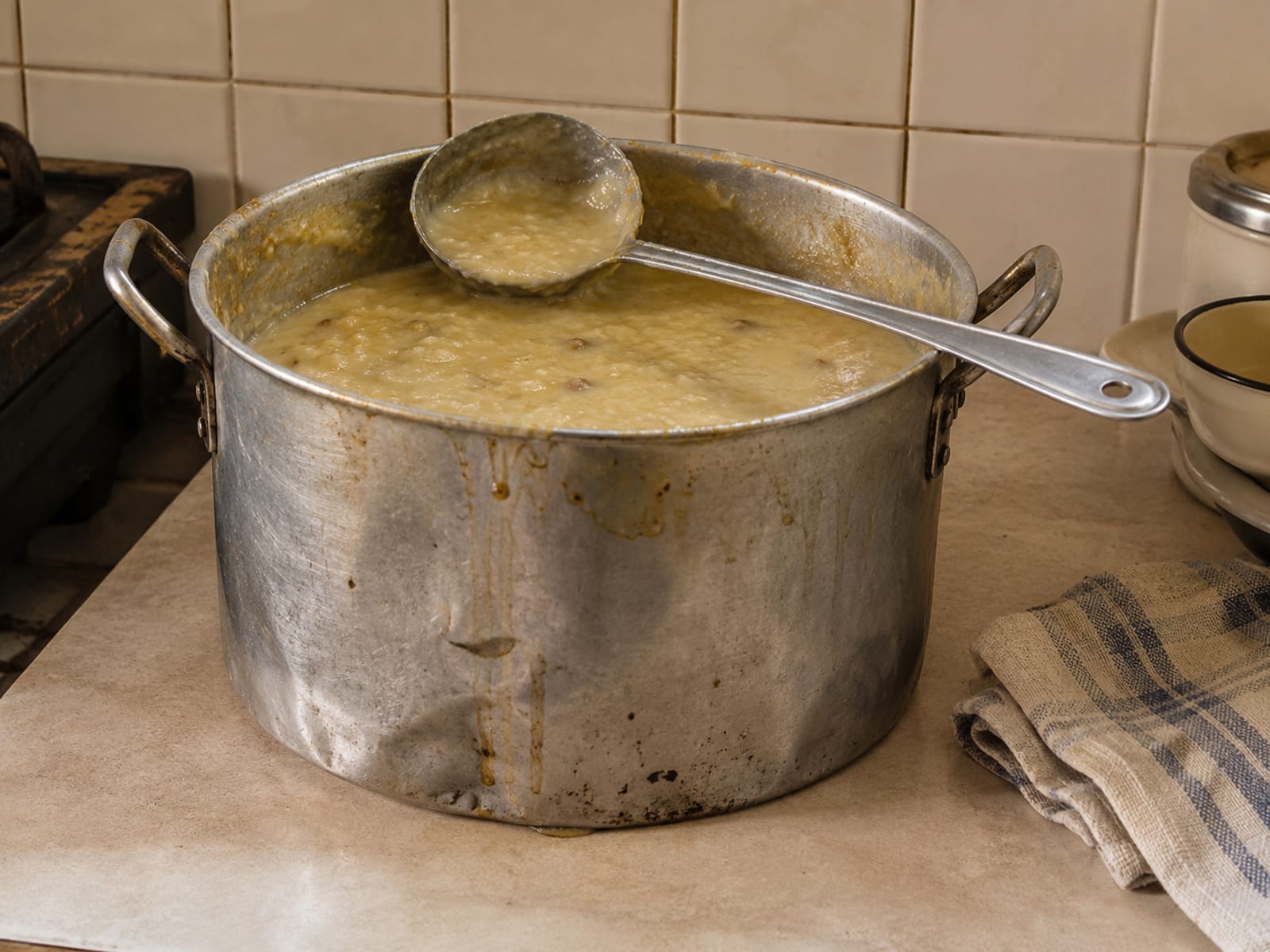 A large steel pot of porridge with a ladle resting on its rim on a kitchen counter