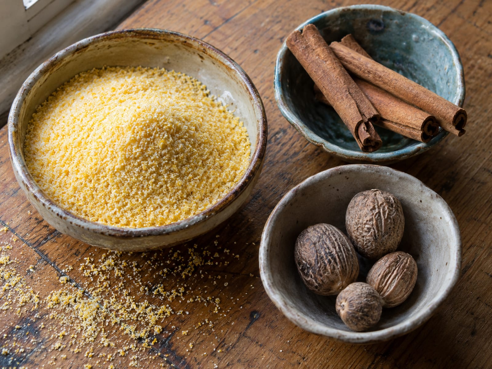 Cornmeal, cinnamon sticks and whole nutmeg in small bowls on a wooden counter