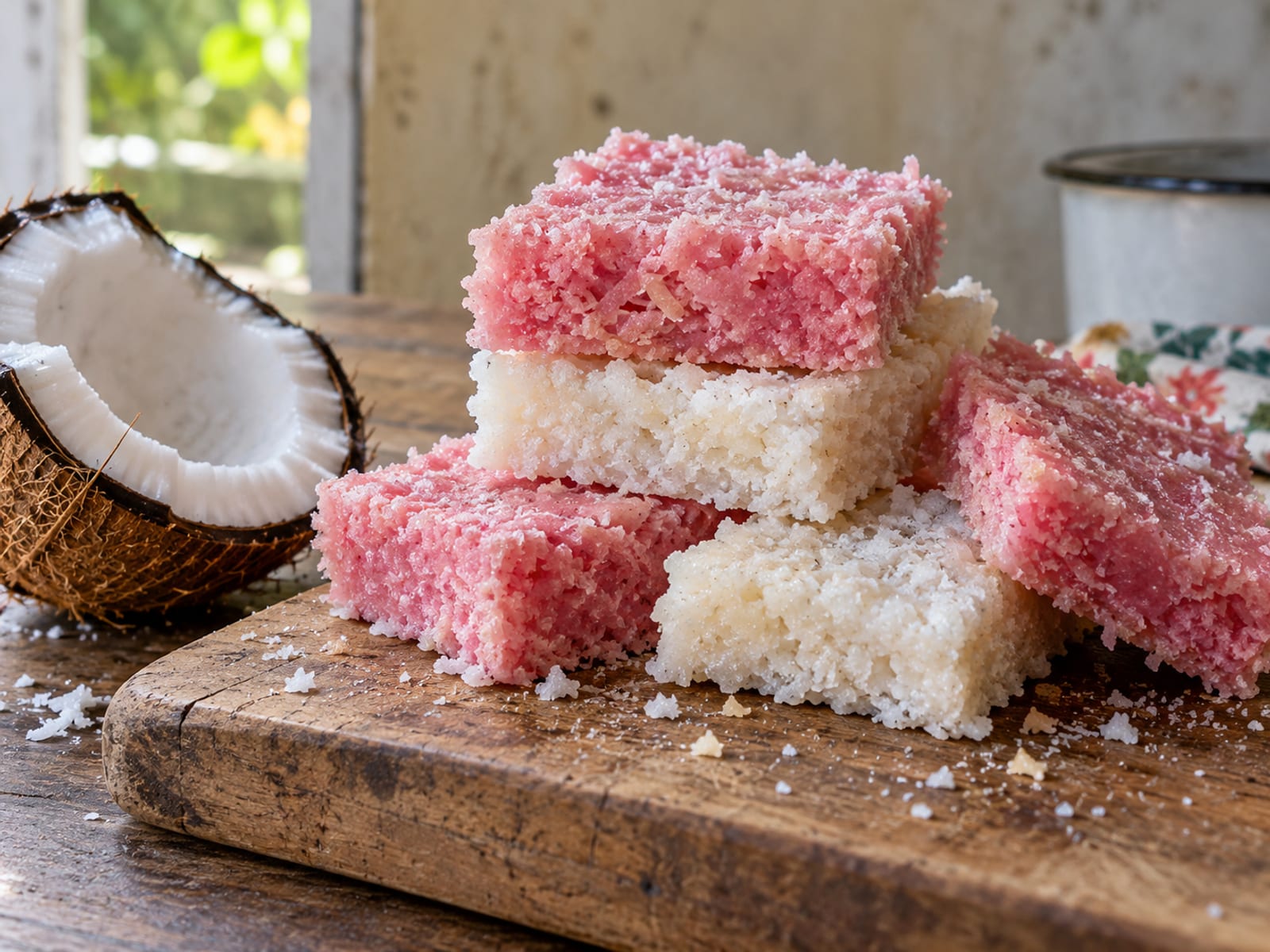 Pink and white grater cake pieces stacked on a wooden board beside split coconut