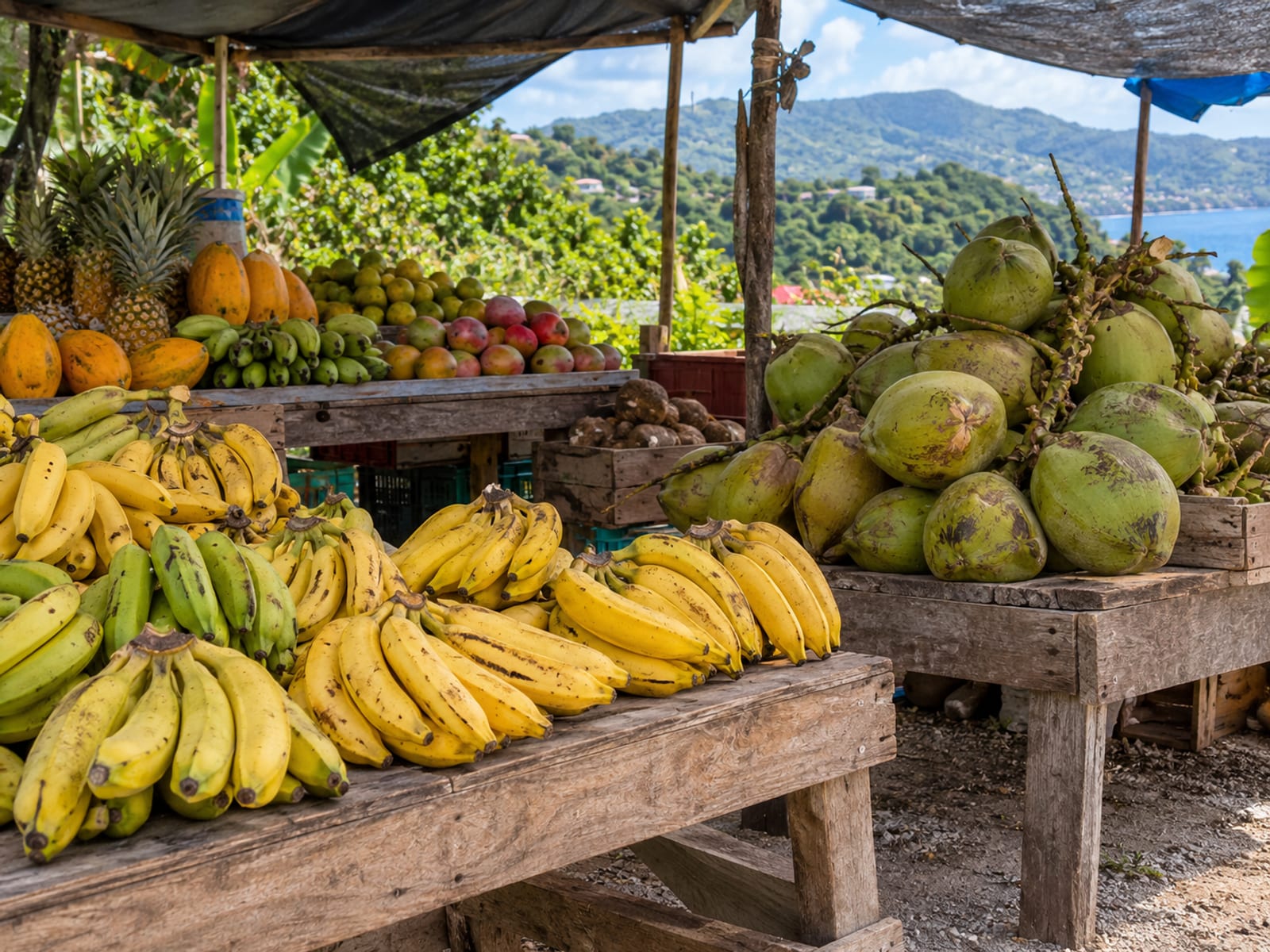 A tropical market stall with bananas, coconuts and fruit in the daylight
