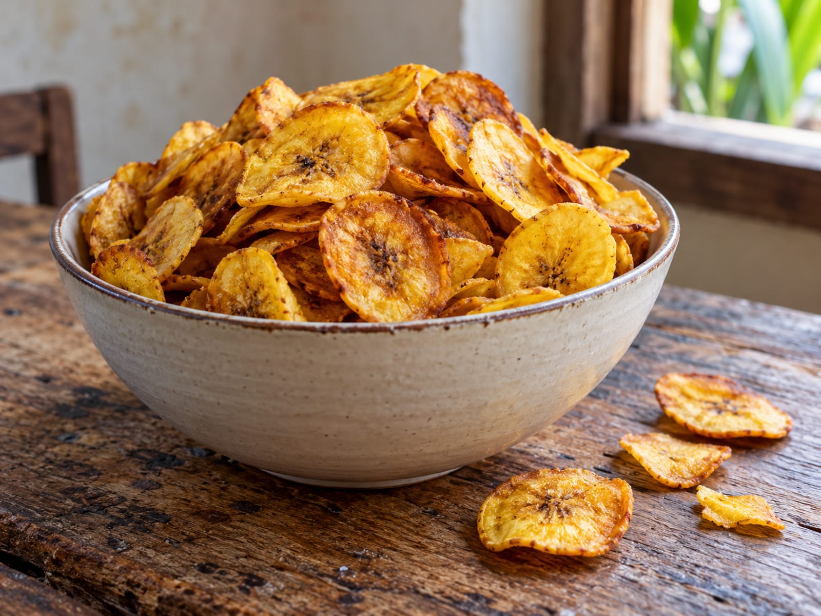 A bowl of golden fried plantain chips on a rustic table