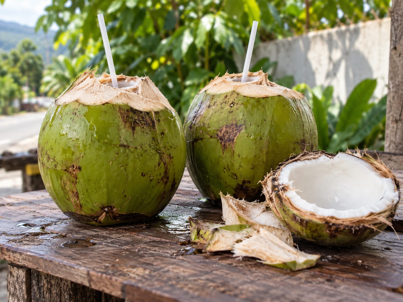 Green coconuts with the tops cut open and a straw, on a wooden table