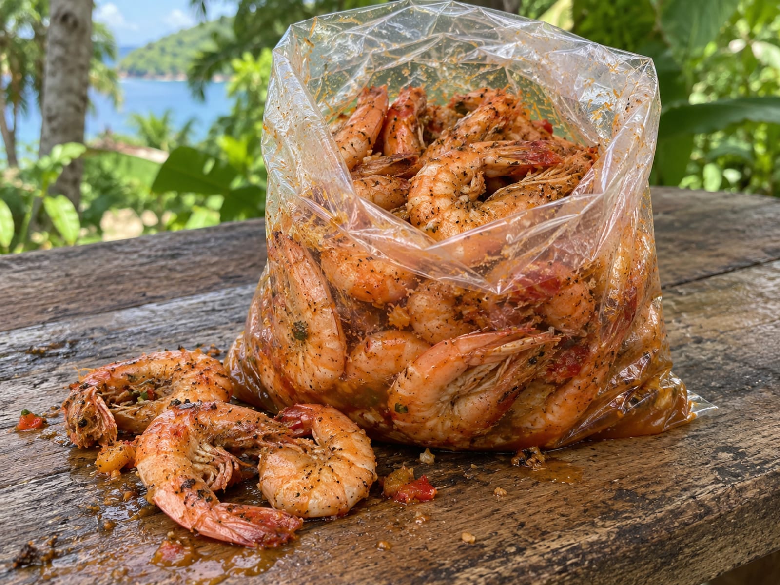 Seasoned pepper shrimp with chopped Scotch bonnet in a clear plastic bag