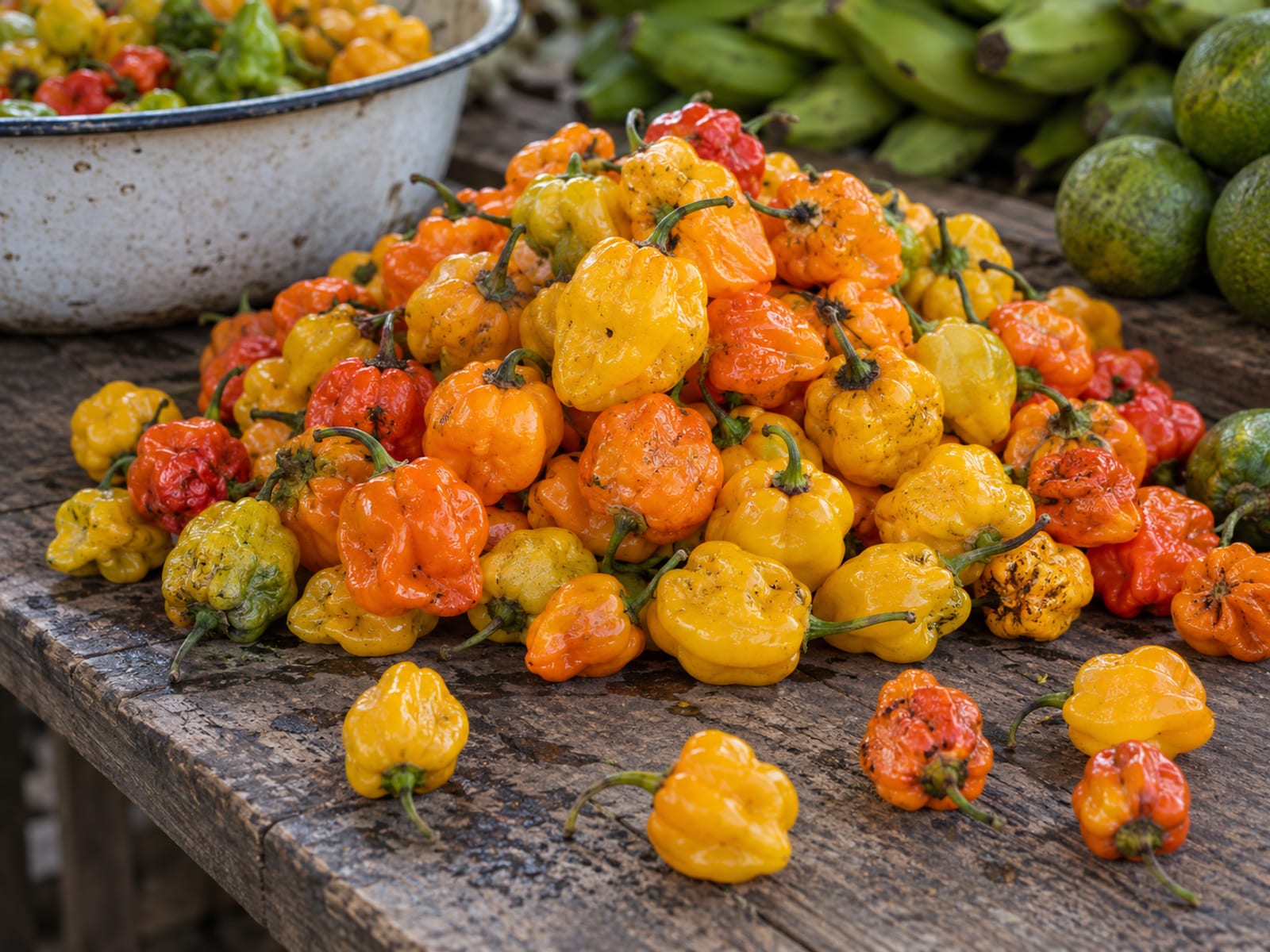 A pile of ripe yellow and orange Scotch bonnet peppers on a market table