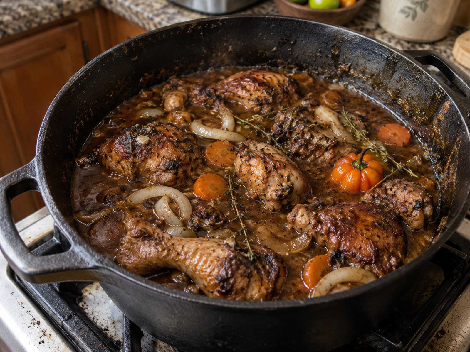 Brown stew chicken pieces simmering in dark gravy in a heavy pot