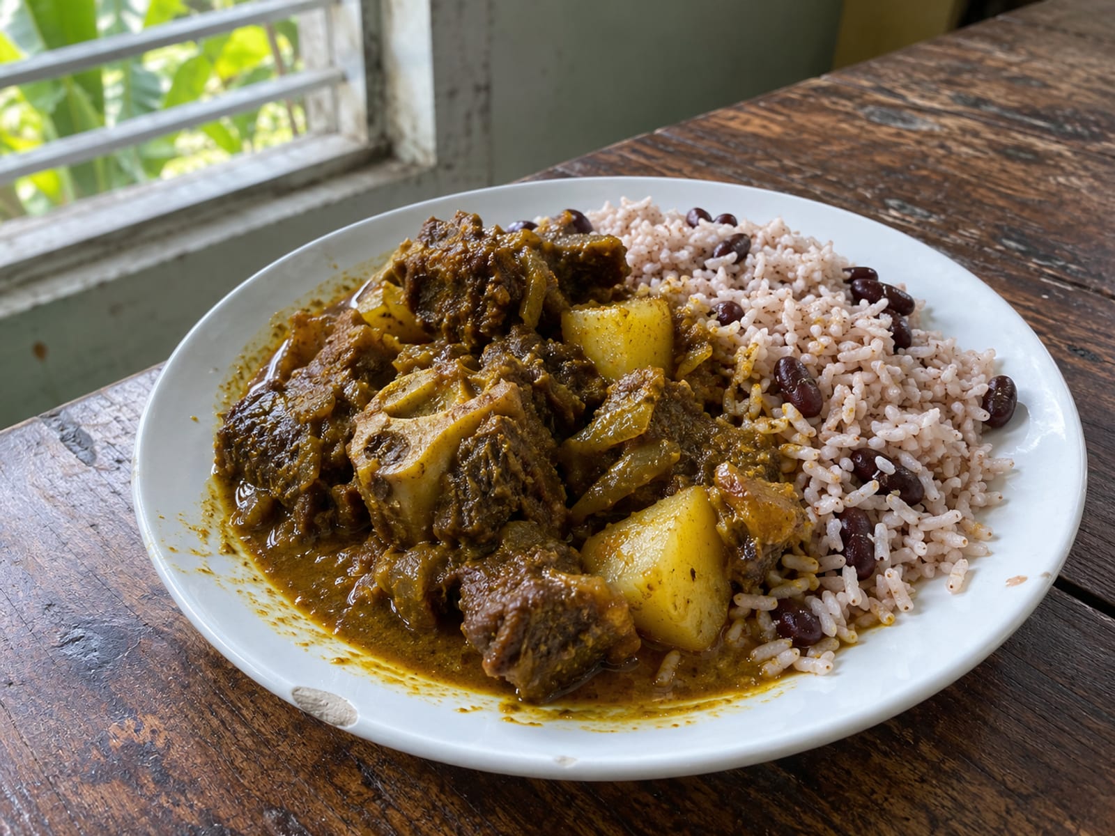 A plate of curry goat with rice and peas on a plain wooden table